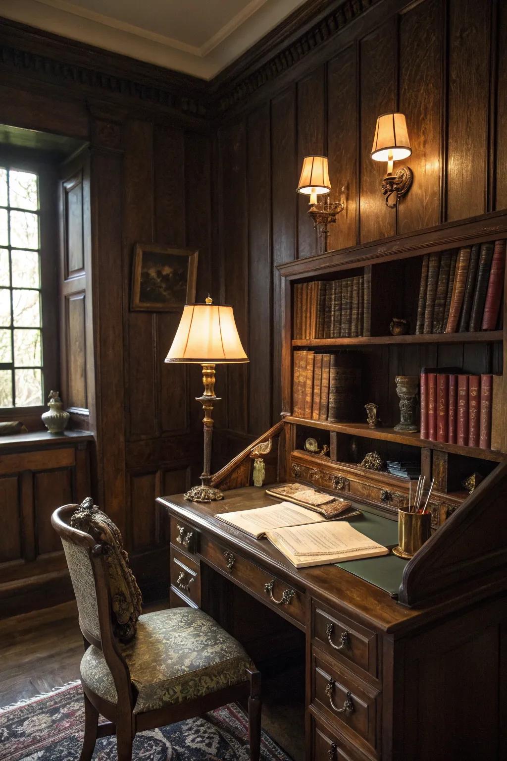 Dark wood paneling creates an emotional and sophisticated atmosphere.