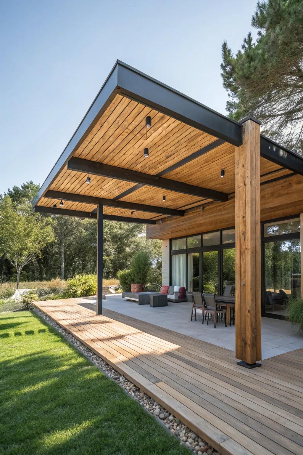 A refined mix of modern and rustic features in a patio roof.