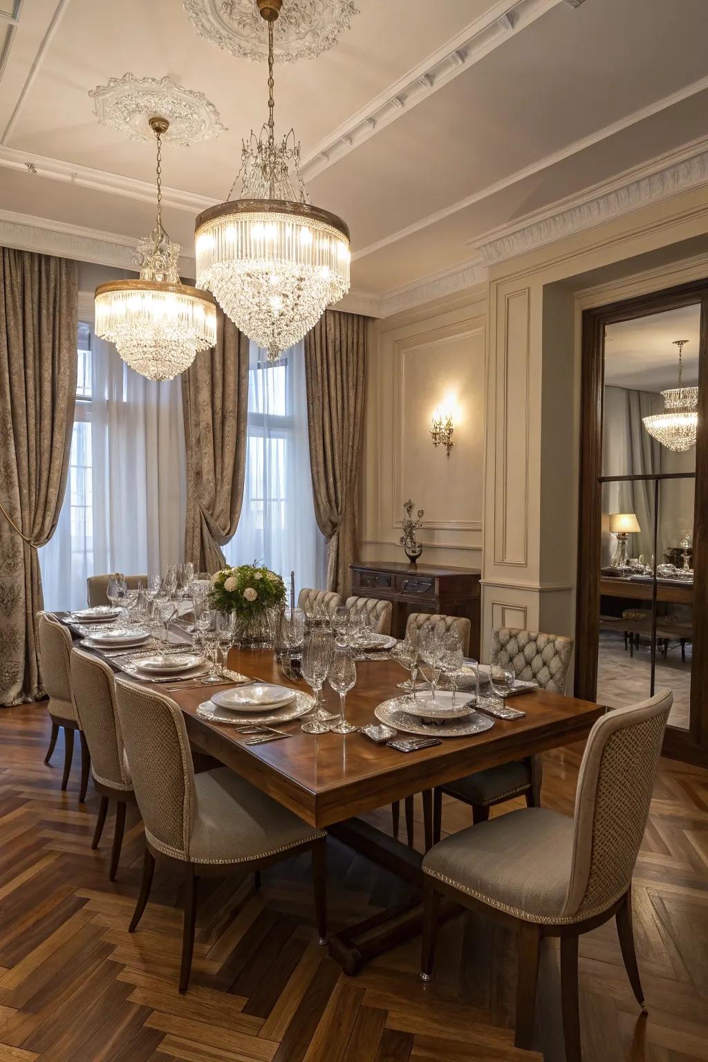 An elegant dining area highlighting the dramatic double herringbone wood floor.