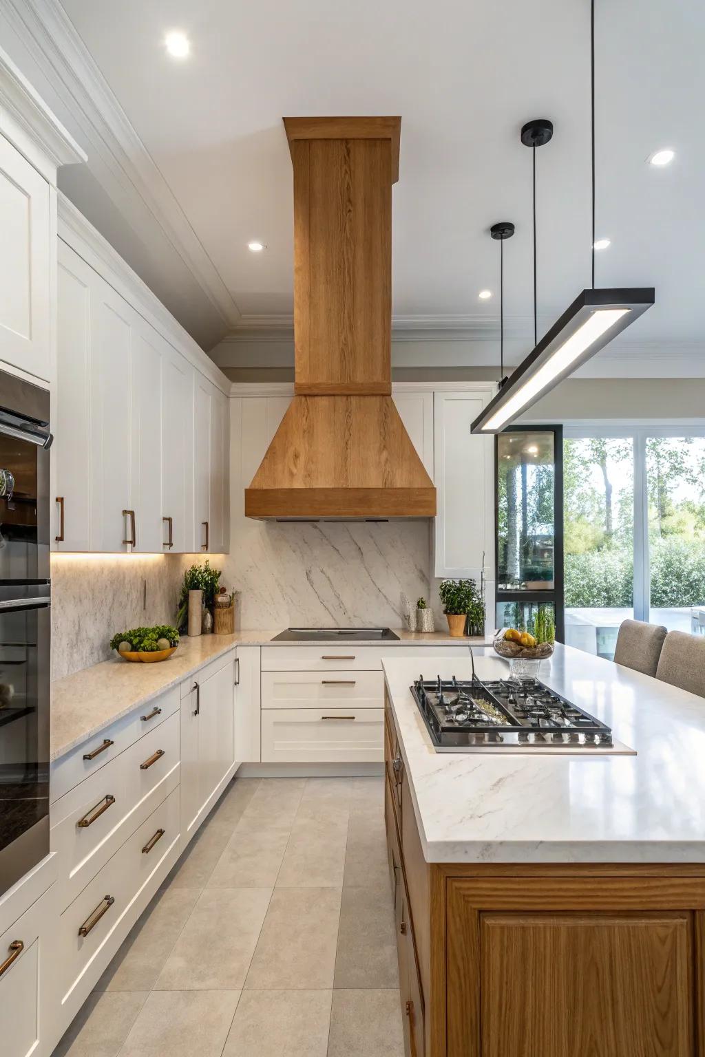 A simplistic timber chimney hood delivers sleek, contemporary sophistication.