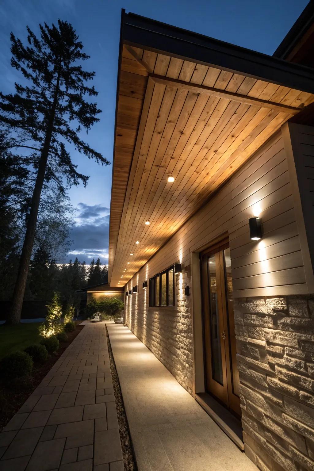 Built-in lighting in wood soffits resulting in a captivating nighttime appearance.
