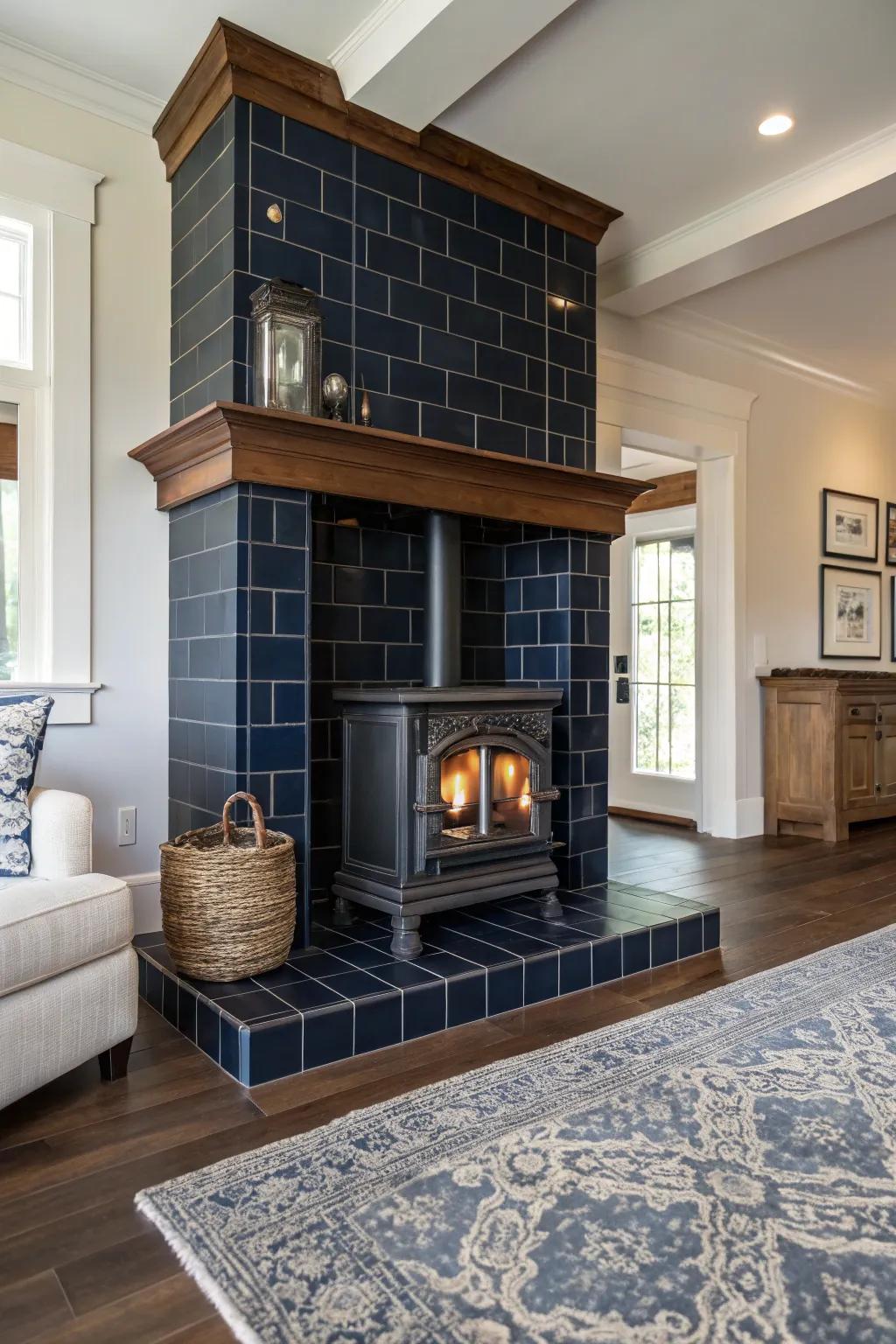 Dark tiles offer a daring yet elegant backdrop for your wood-burning stove.