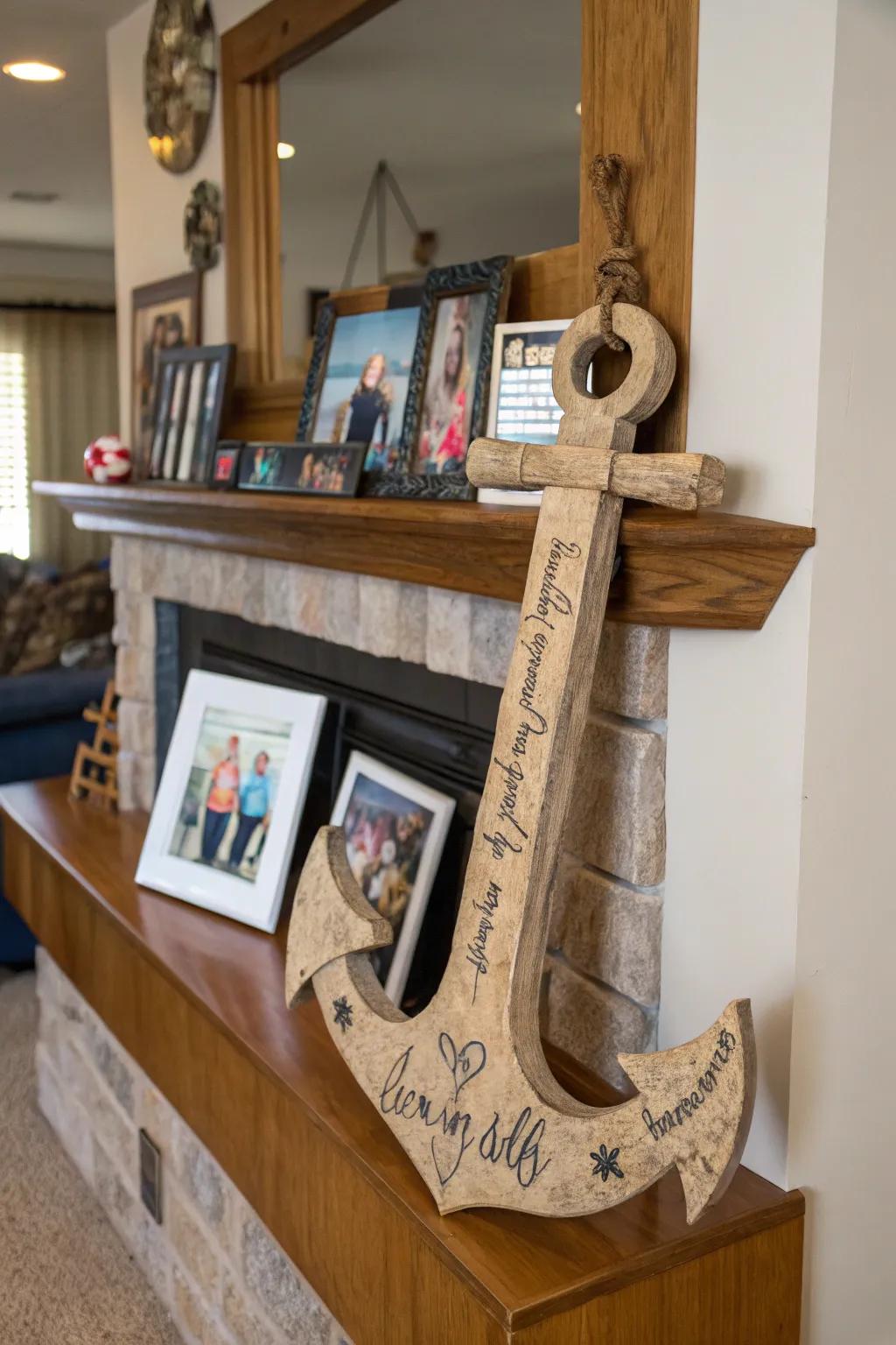 Timber sea hook with personalized inscriptions