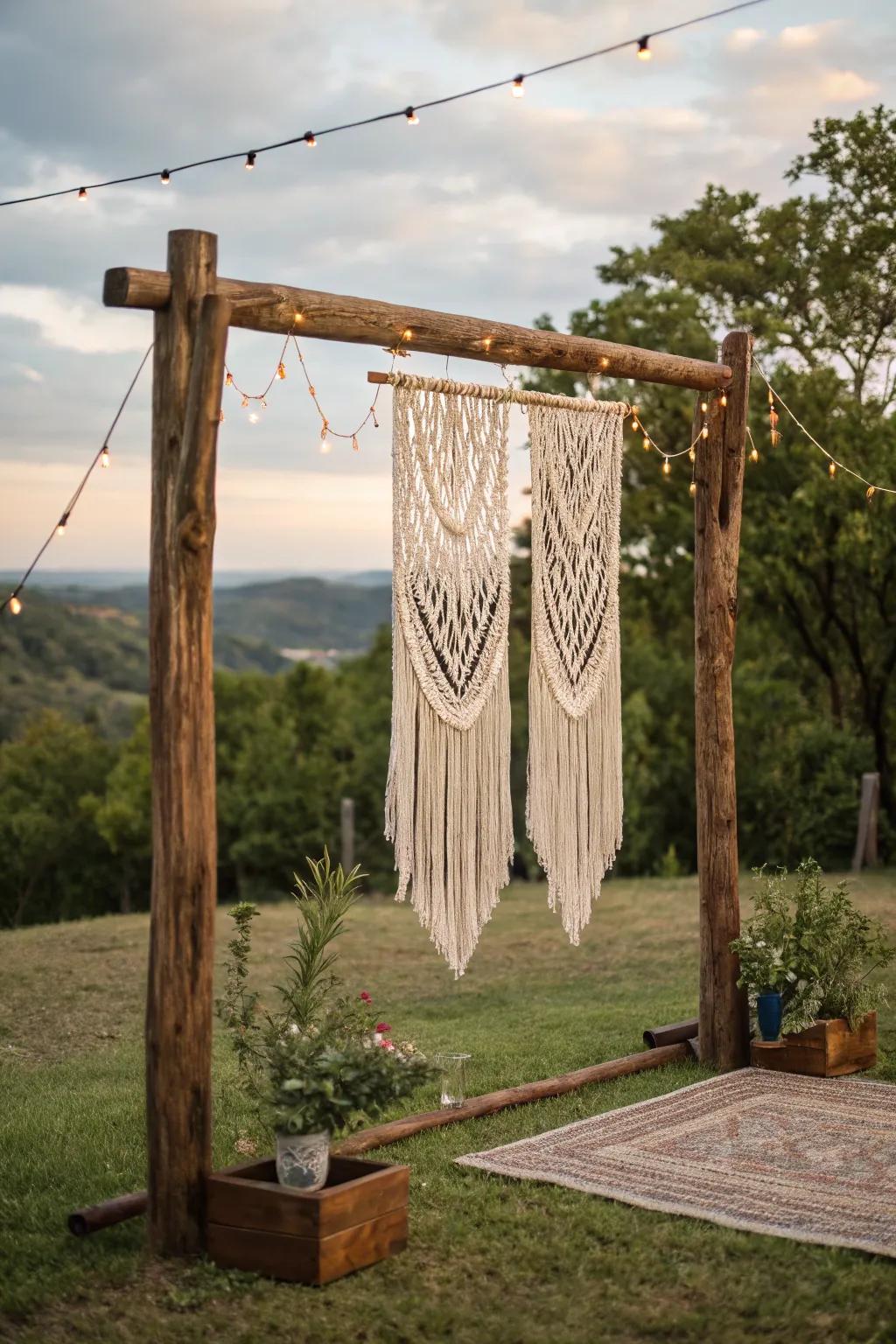 A bohemian-inspired timber scene with macramé hangings crafts a carefree wedding atmosphere.