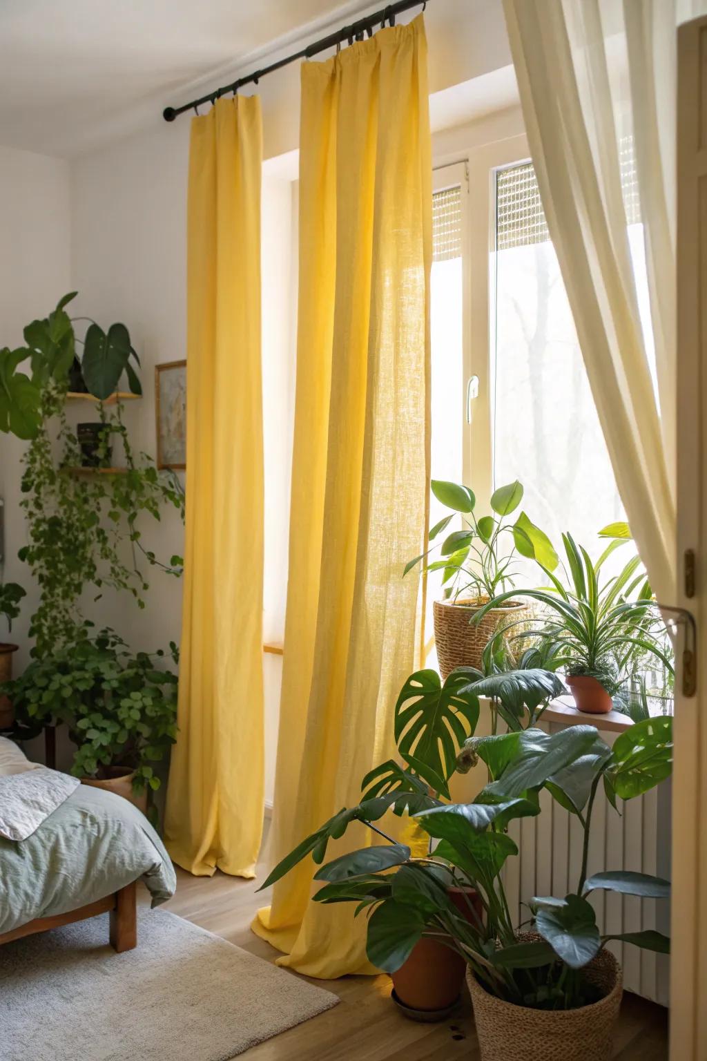 Green plants complement yellow curtains, establishing a vibrant and natural bedroom setting.