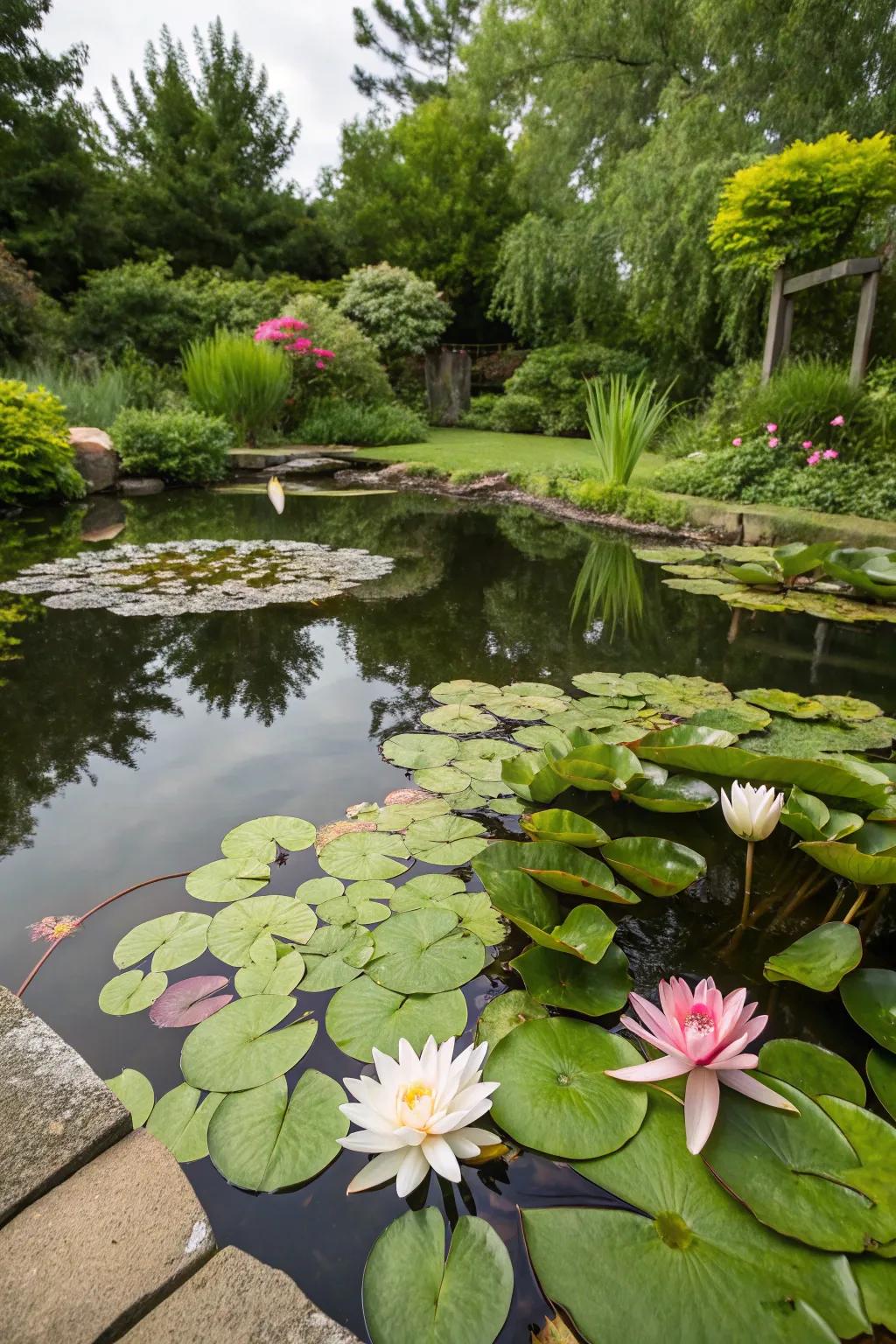 A serene pond bringing a hint of serenity to the backyard.