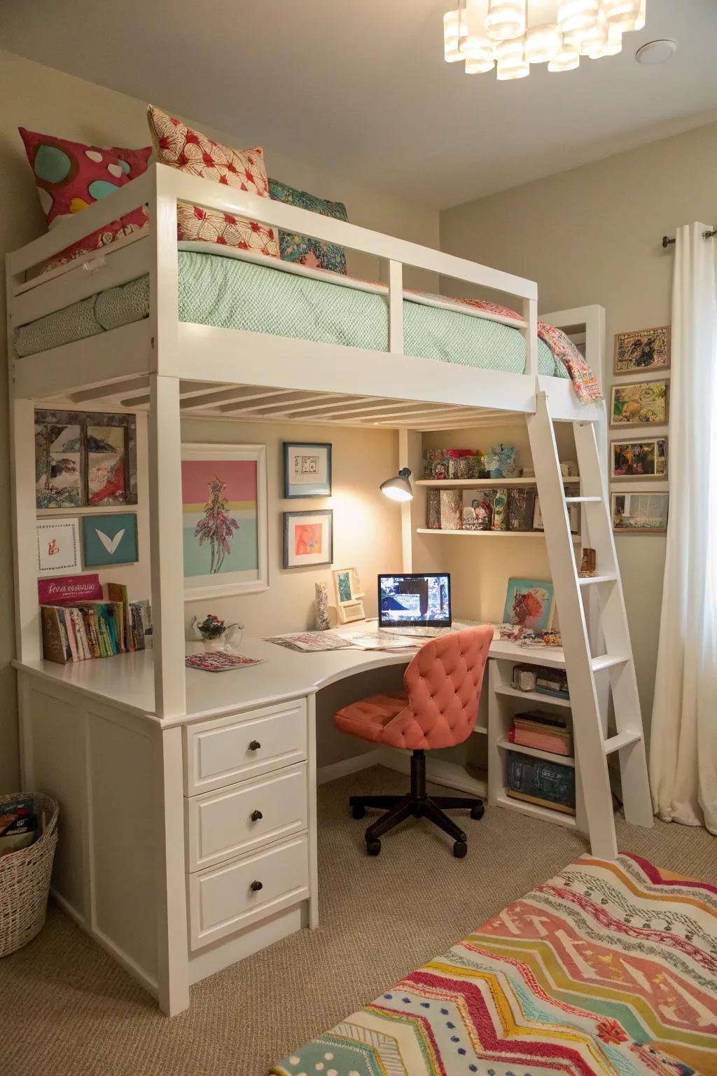 A raised sleeping platform maximizes area by generating a study corner underneath.