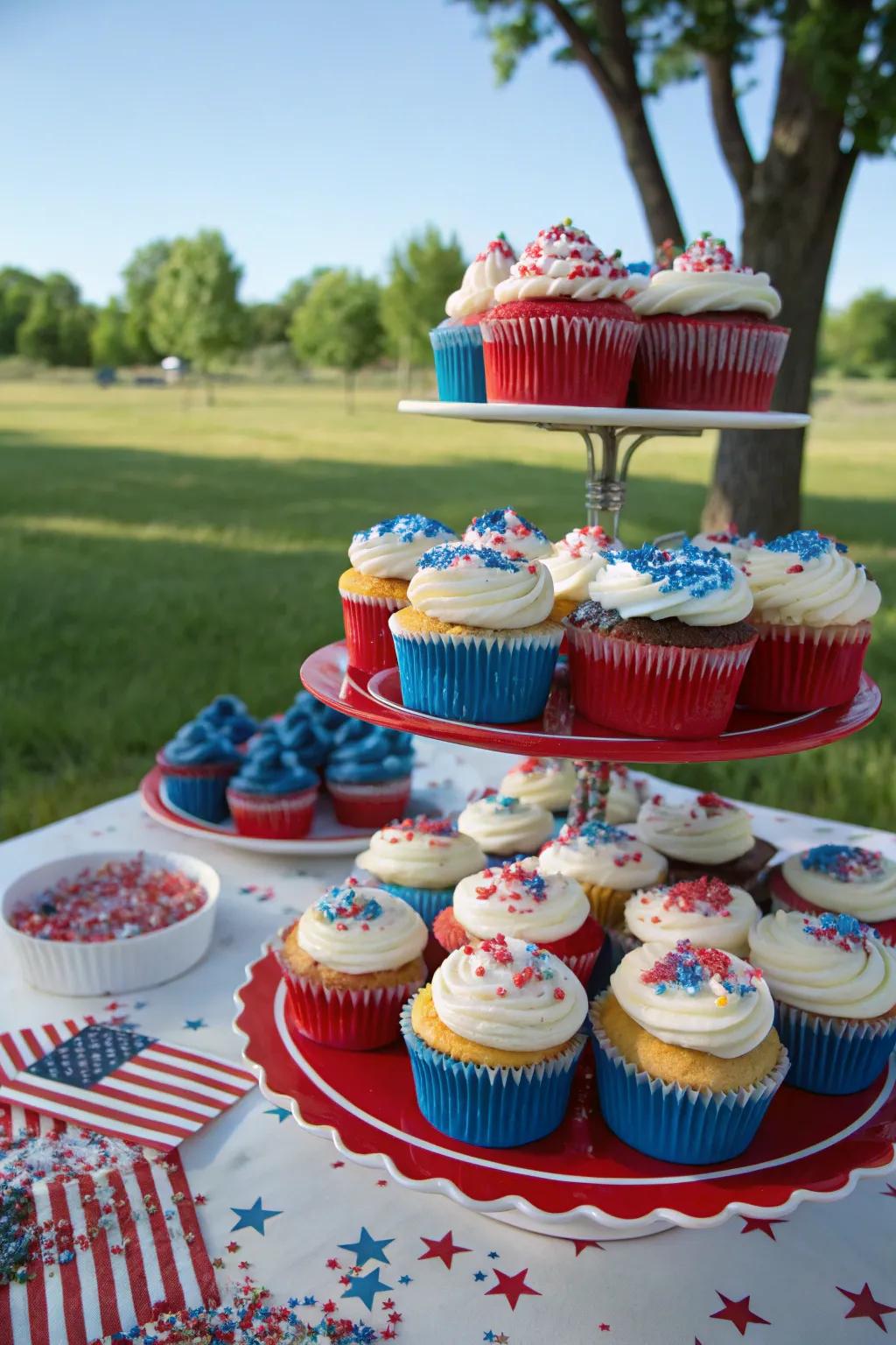 A celebratory show of patriotic cupcakes enhances sweetness to the celebration.