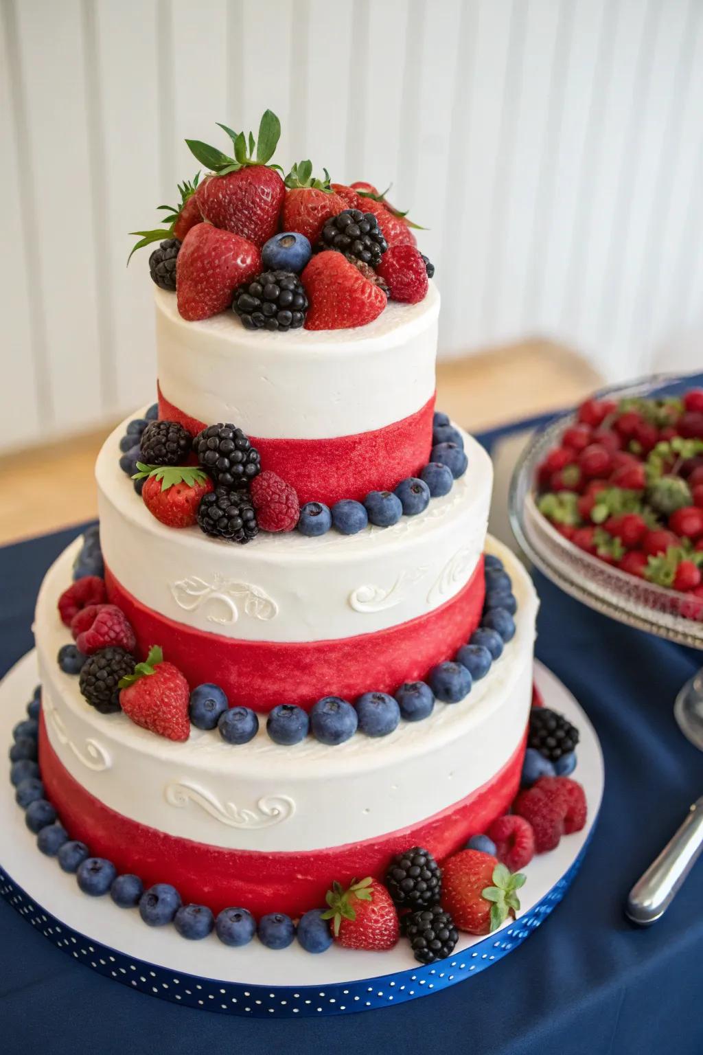 A patriotic wedding cake whose visual appeal is matched by its deliciousness.