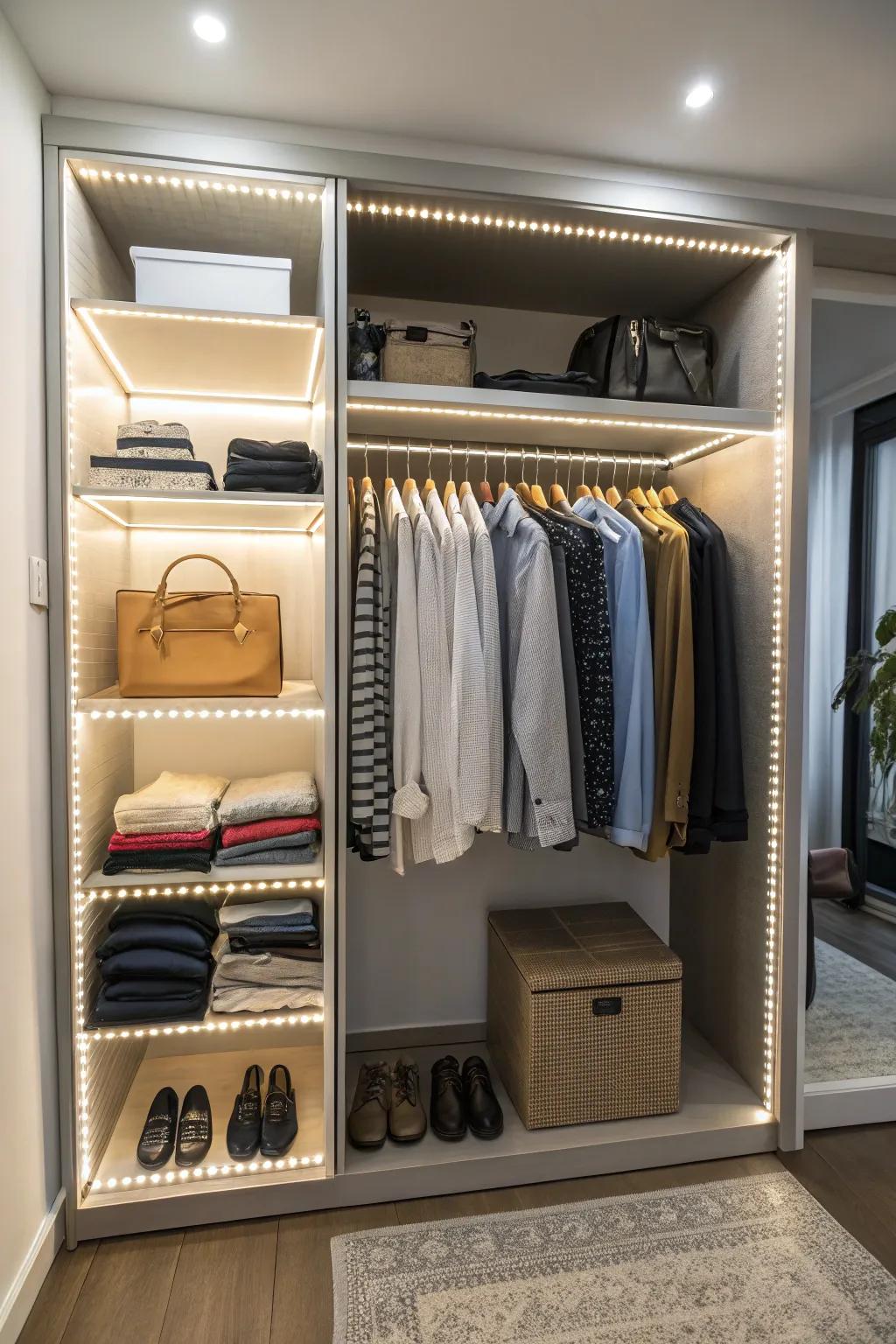 Lighting changes a closet from dark to bright.