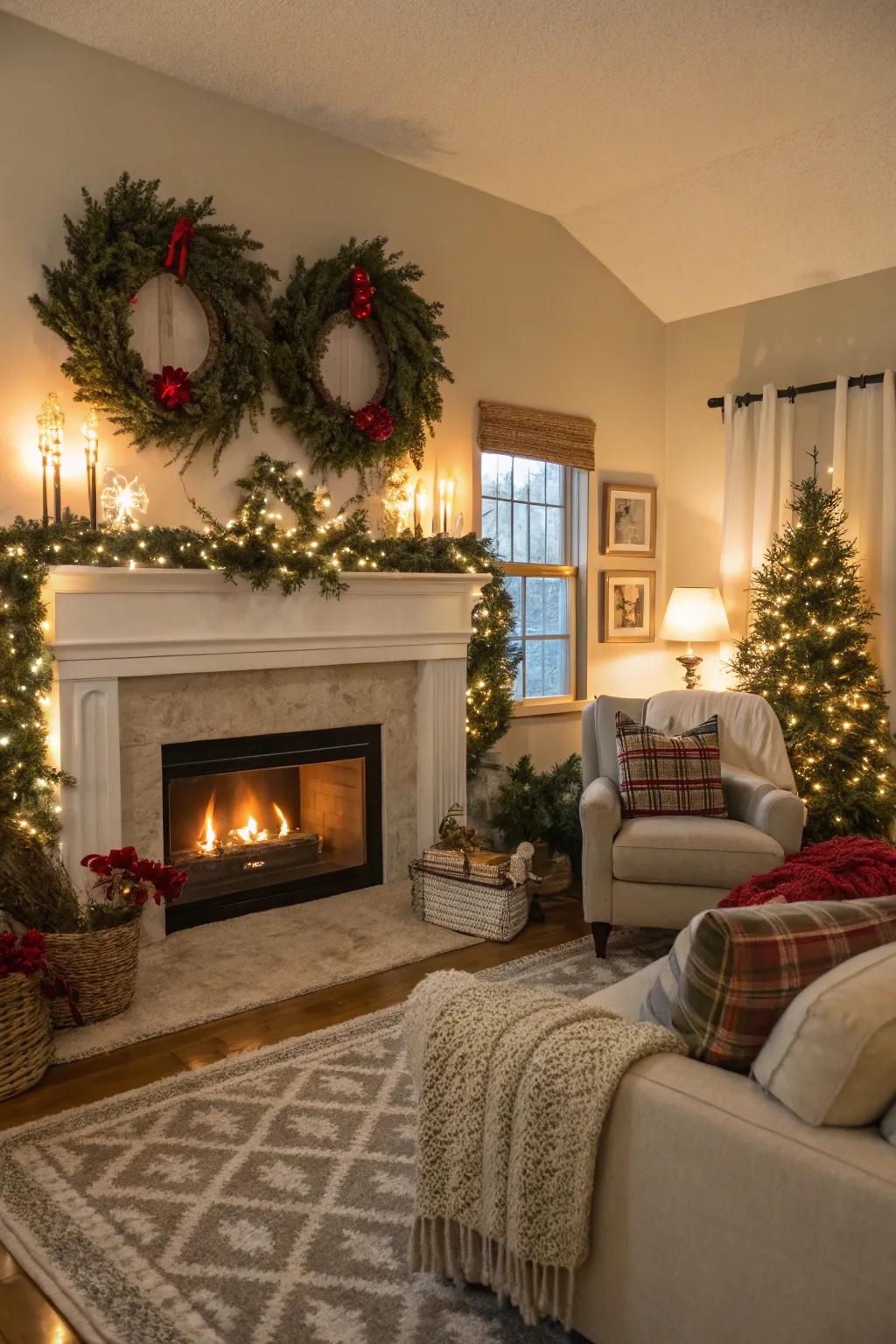 Seasonal decor above the fireplace maintains a festive and welcoming space.
