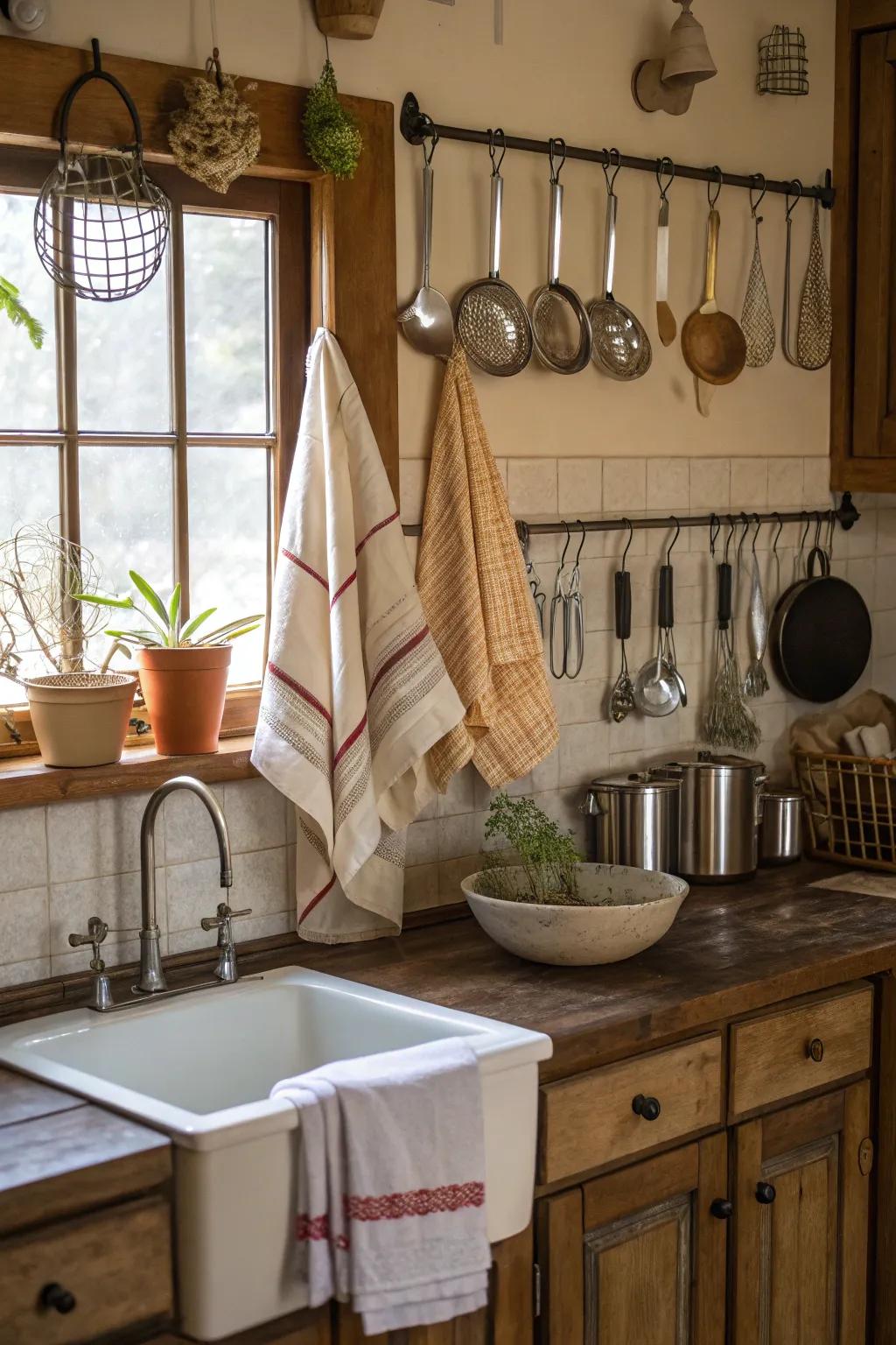Hanging utensils maintain kitchen organization and accessibility.