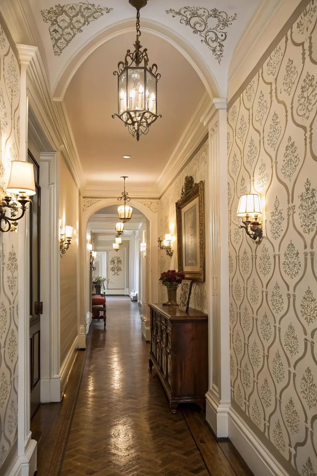 A hallway featuring a sophisticated stenciled accent wall.