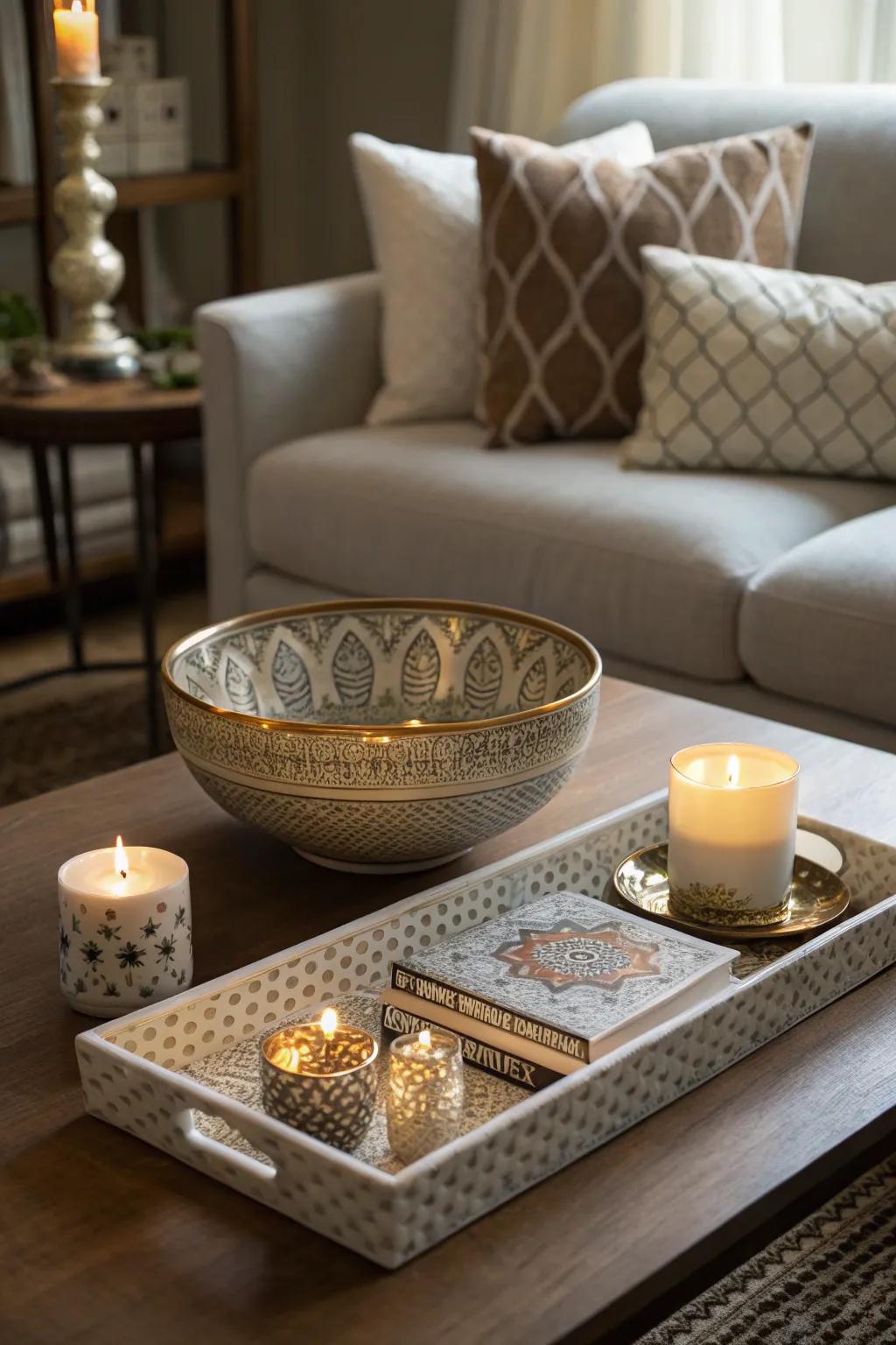 Arrange items stylishly by using ornamental bowls and platters.
