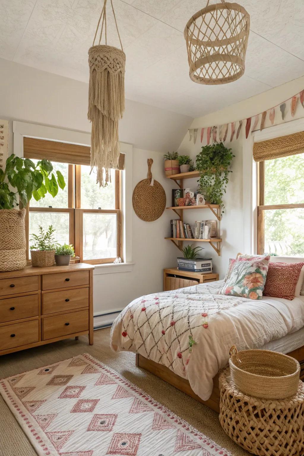 Bohemian accents infuse the room with an artistic essence.