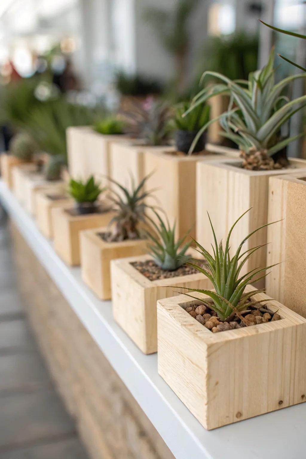 Wooden squares deliver a straightforward backdrop for showcasing air plants.