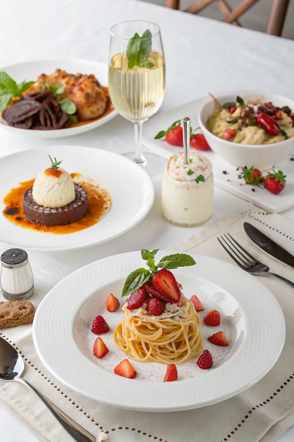 A scrumptious and theme-aligned pale menu ideal for an upscale gathering.