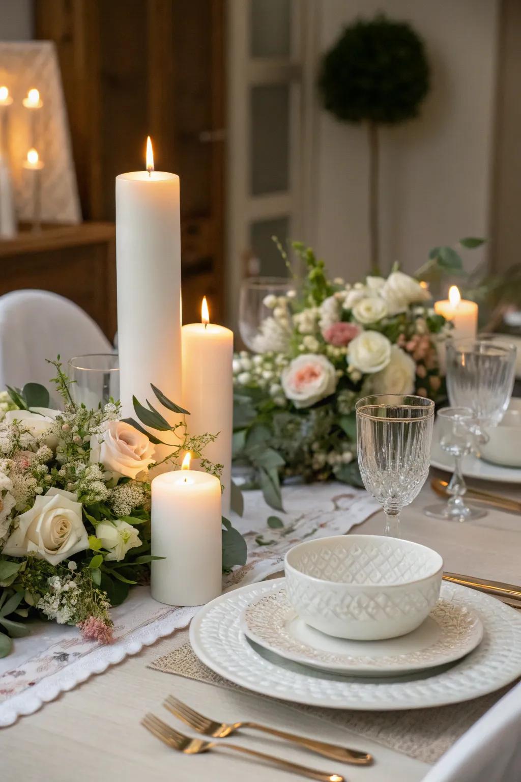 Lights add warmth and intimacy to the all-white dinner setting.