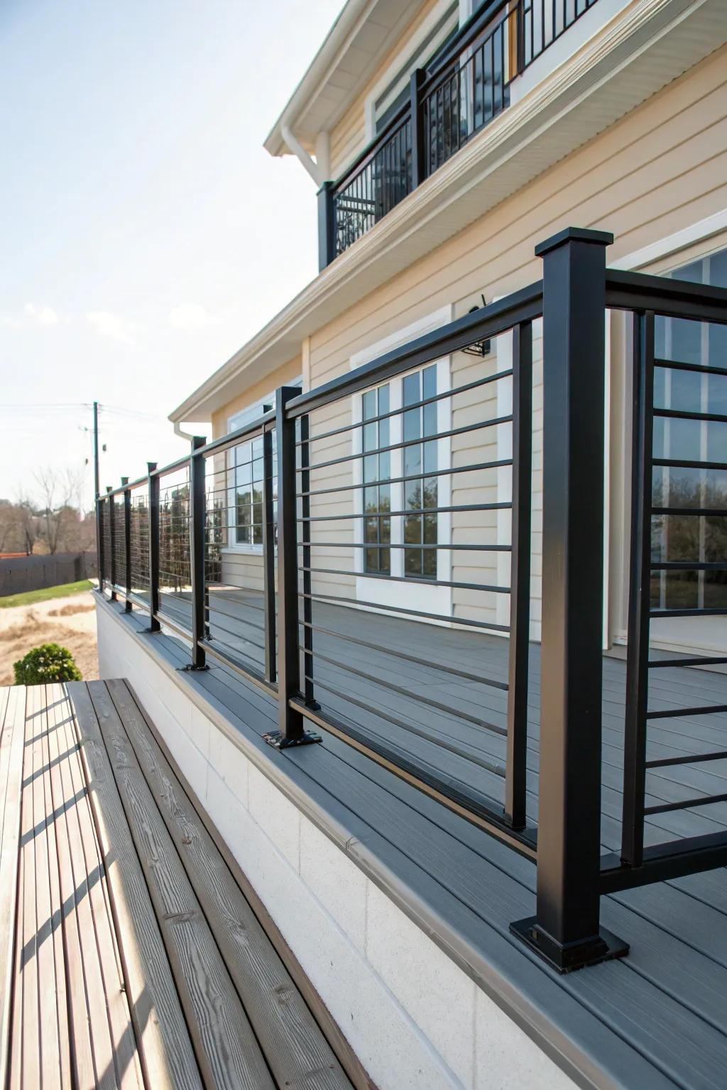Dramatic dark aluminum railings crafting a striking outdoor visual.
