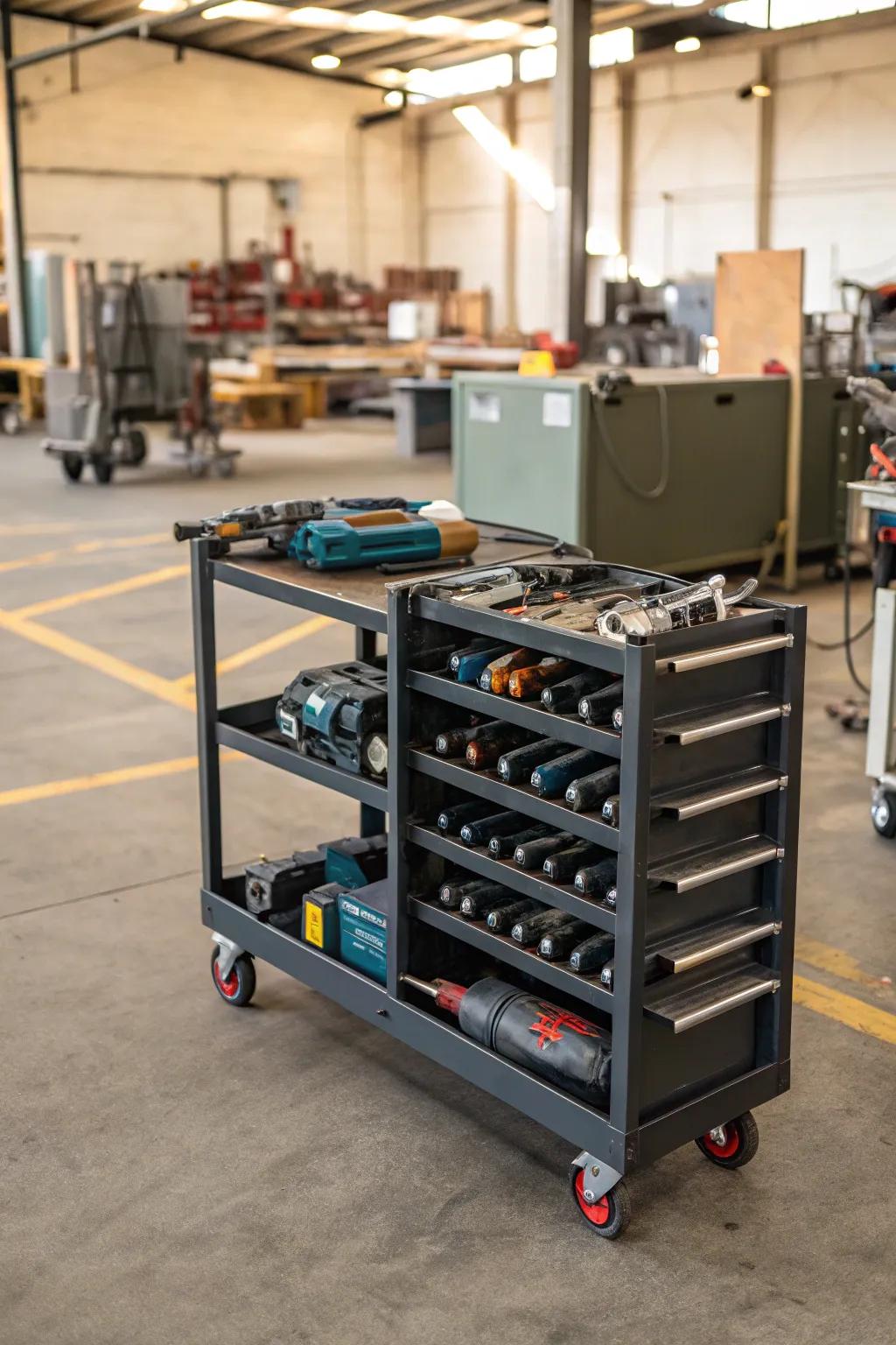 Movable rolling cart for flexible angle grinder storage in different work areas.