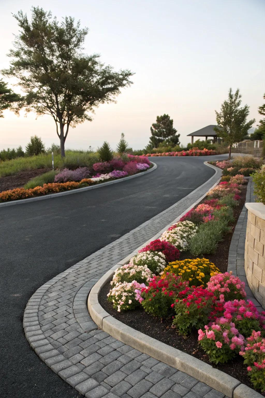 Winding paver borders add a fluid elegance to this welcoming driveway.
