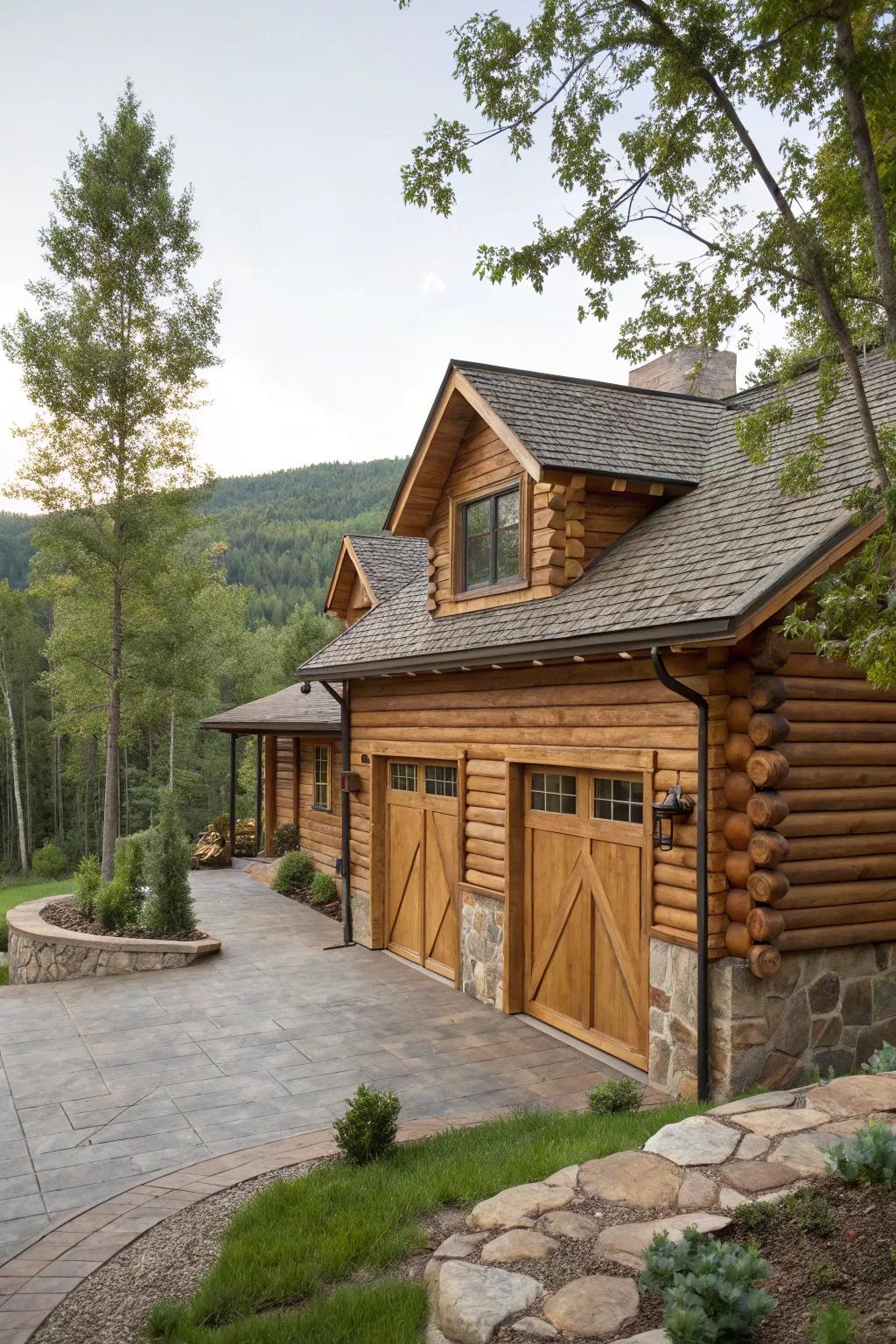 A rustic log home-style garage that complements its natural surroundings.