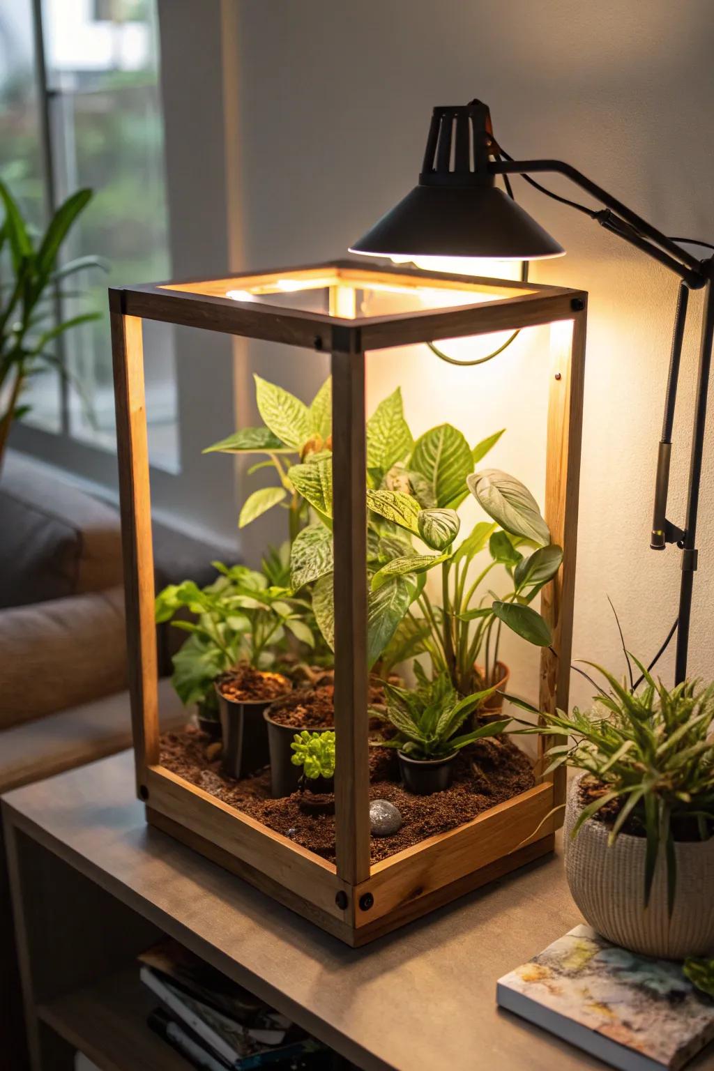 A DIY grow light lamp emitting a cozy radiance over a petite indoor garden.