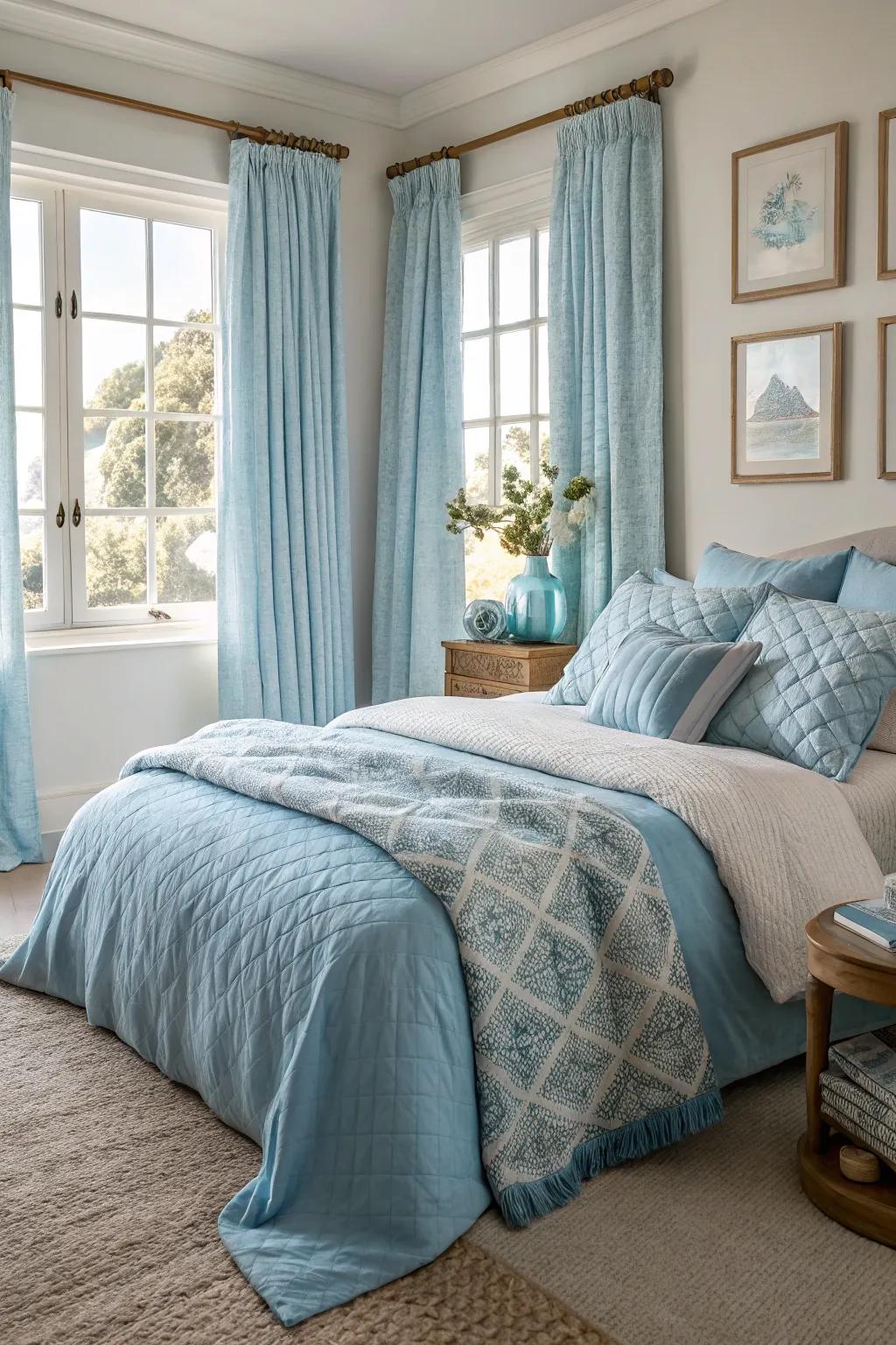 Material layers add depth and warmth to a pale sky-themed bedroom.