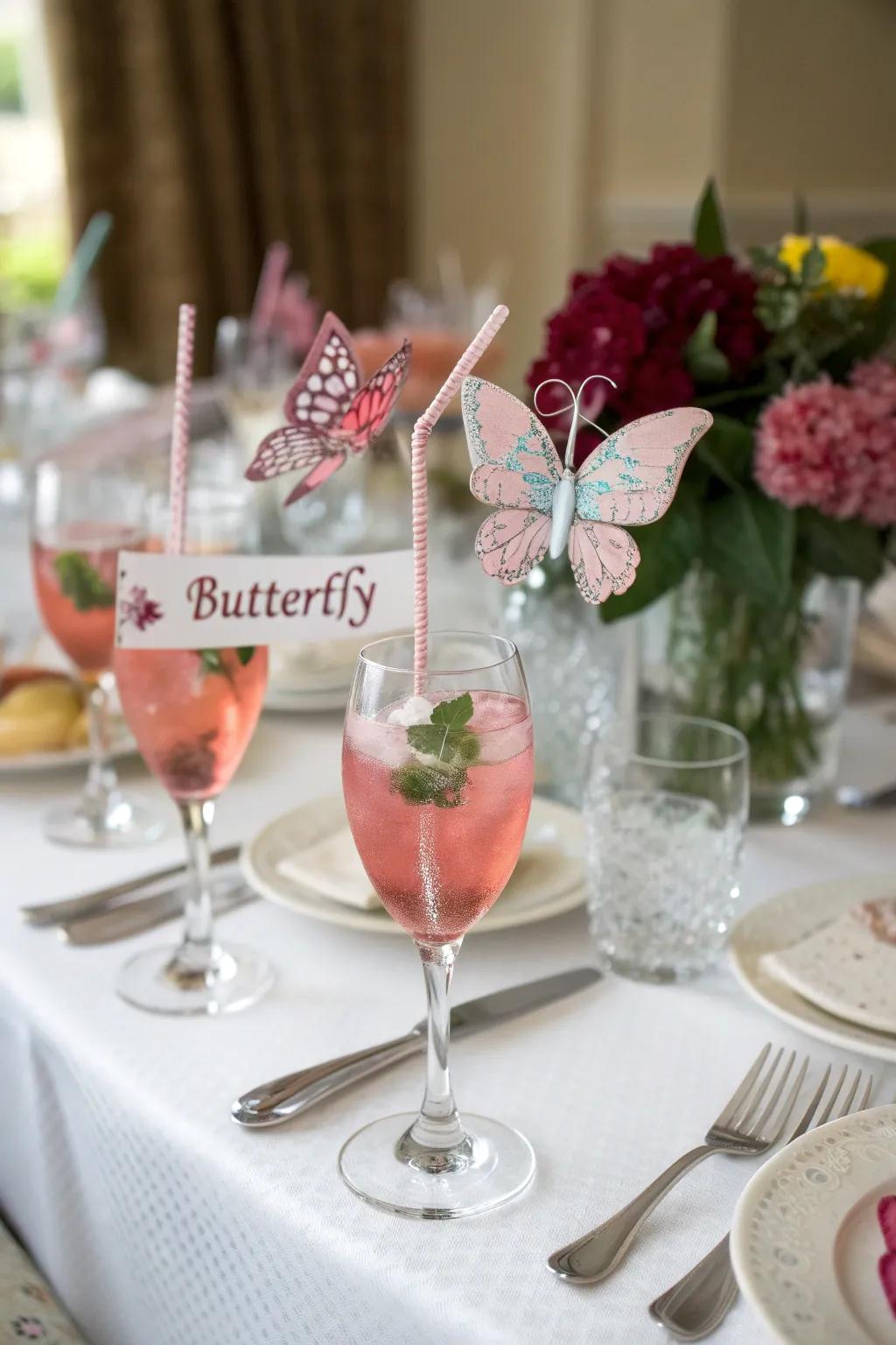 Bespoke butterfly drink toppers contribute charm and practicality.