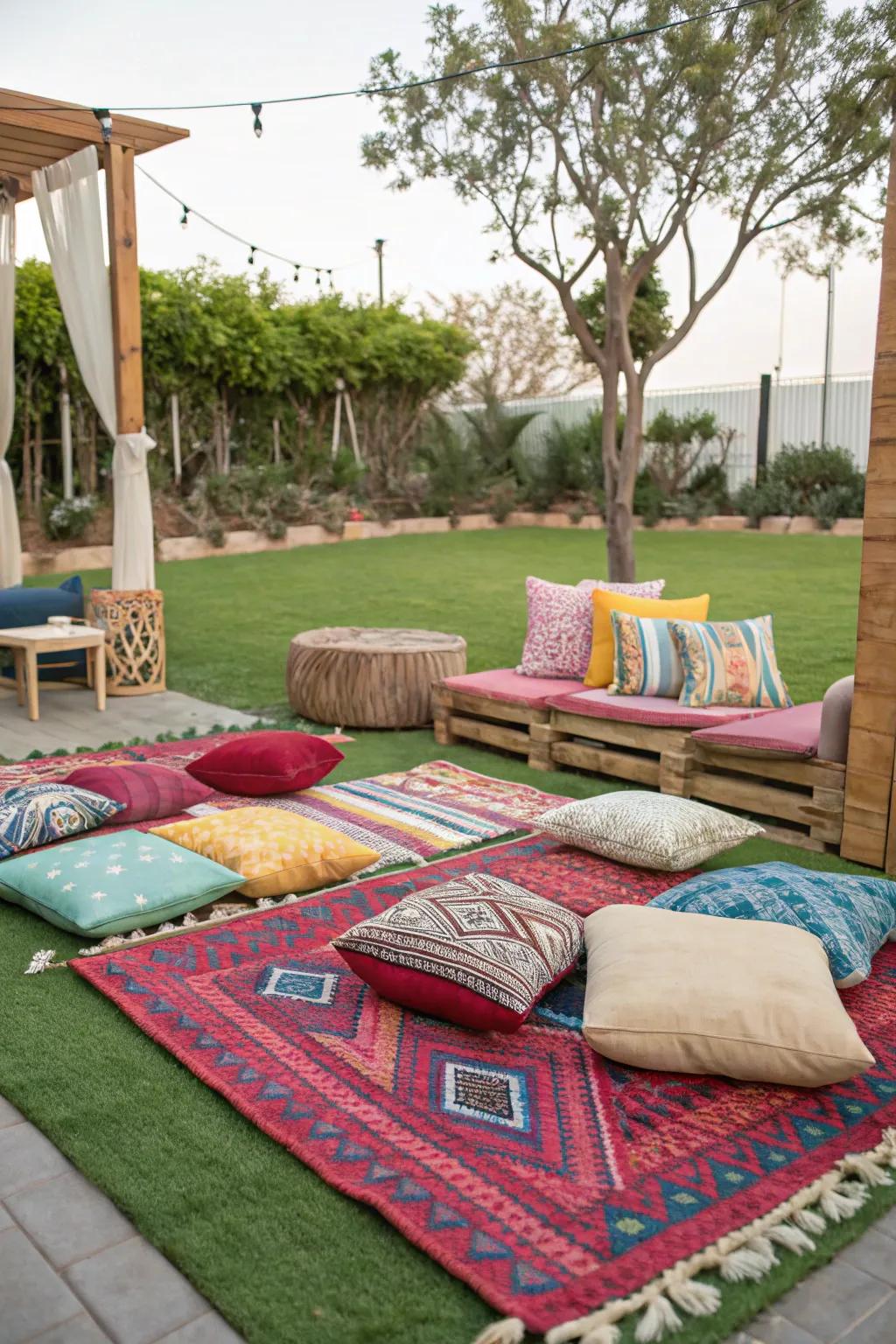 Lively carpets and cushions bring warmth and flair.