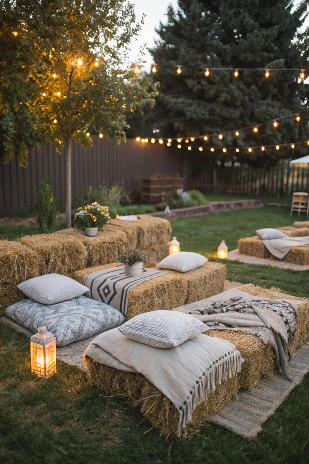 Hay bales bring a rustic charm to your backyard movie experience.