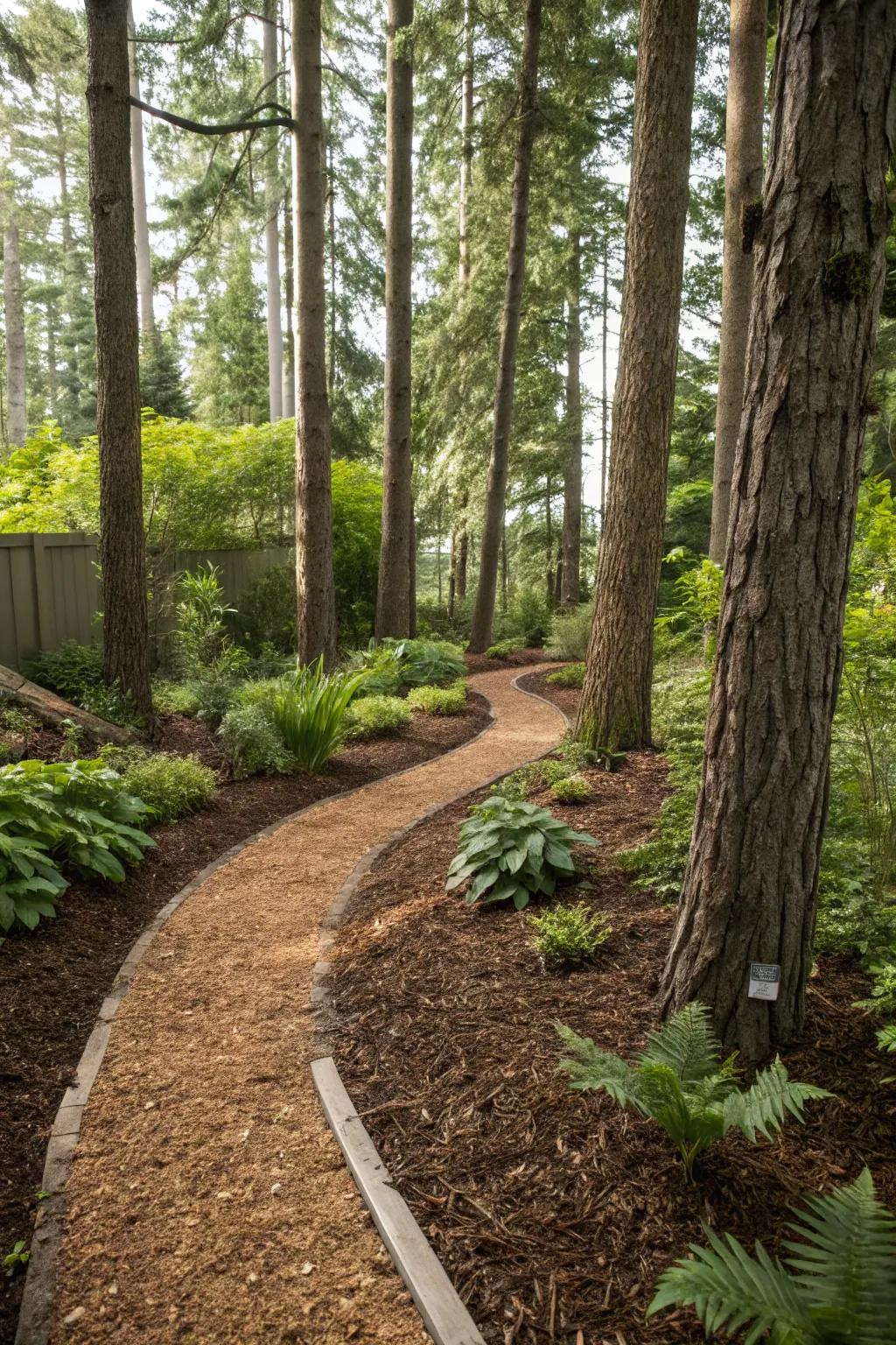 A mulch path winding through a forest-like setting in a backyard.