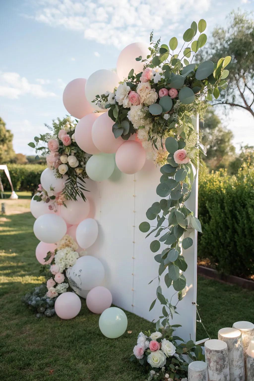 A fresh and natural botanical balloon ambiance featuring silver dollar eucalyptus accents.