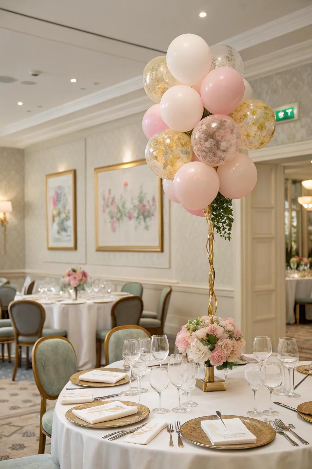 Balloon topiary contributes elevation and class to any decoration.