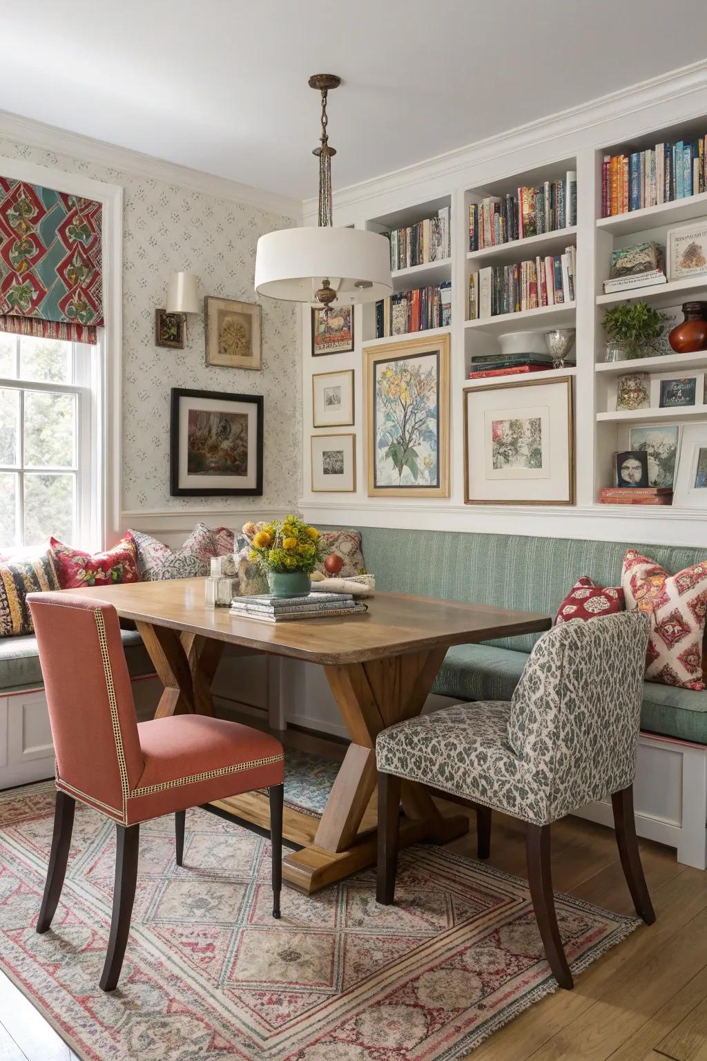 A diverse dining area features a mix of banquette seating and assorted chairs.