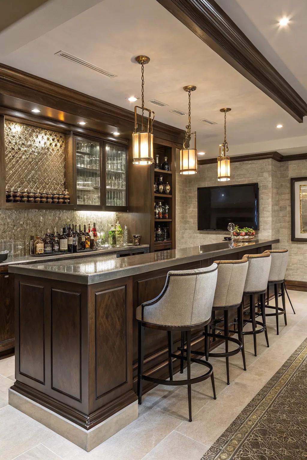 A luxurious home bar with a metallic accent backsplash and sleek finishes.