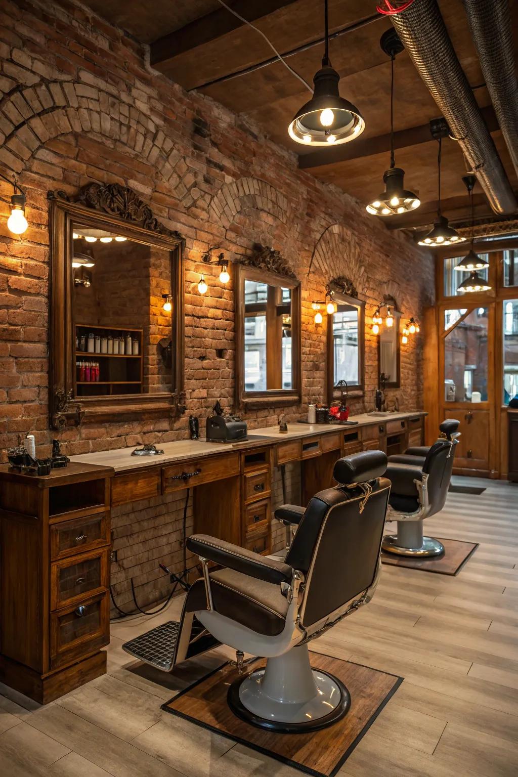 Rustic appeal paired with warm lighting in a welcoming barbershop.