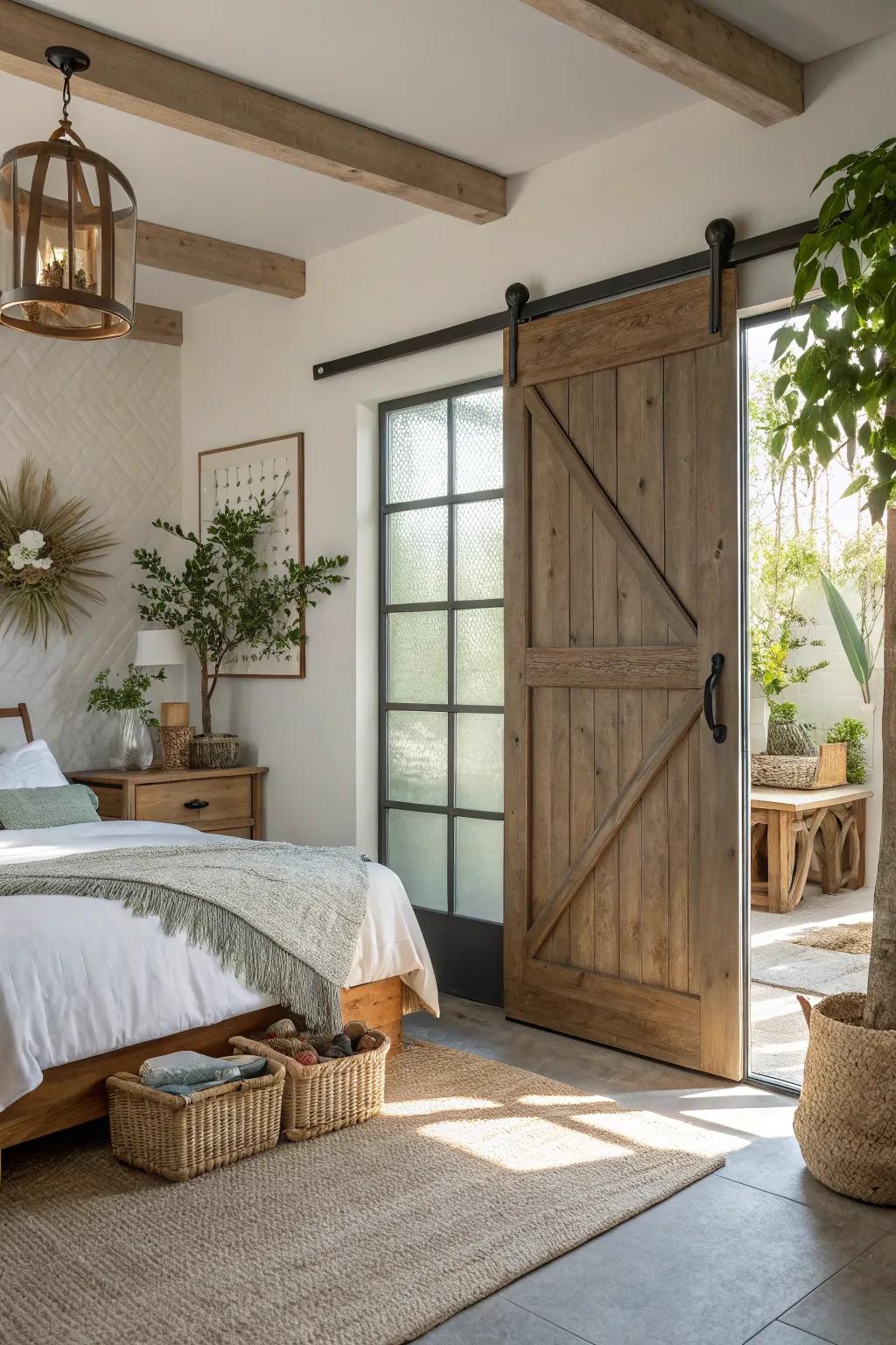 A sunlit bedroom presents a gate with sophisticated crystal panels.