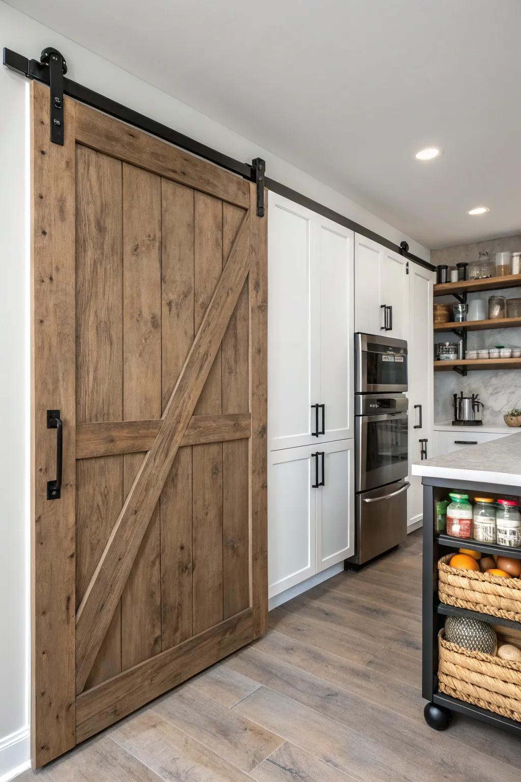 A kitchen showcasing a sliding barn door pantry equipped with minimalist black hardware.