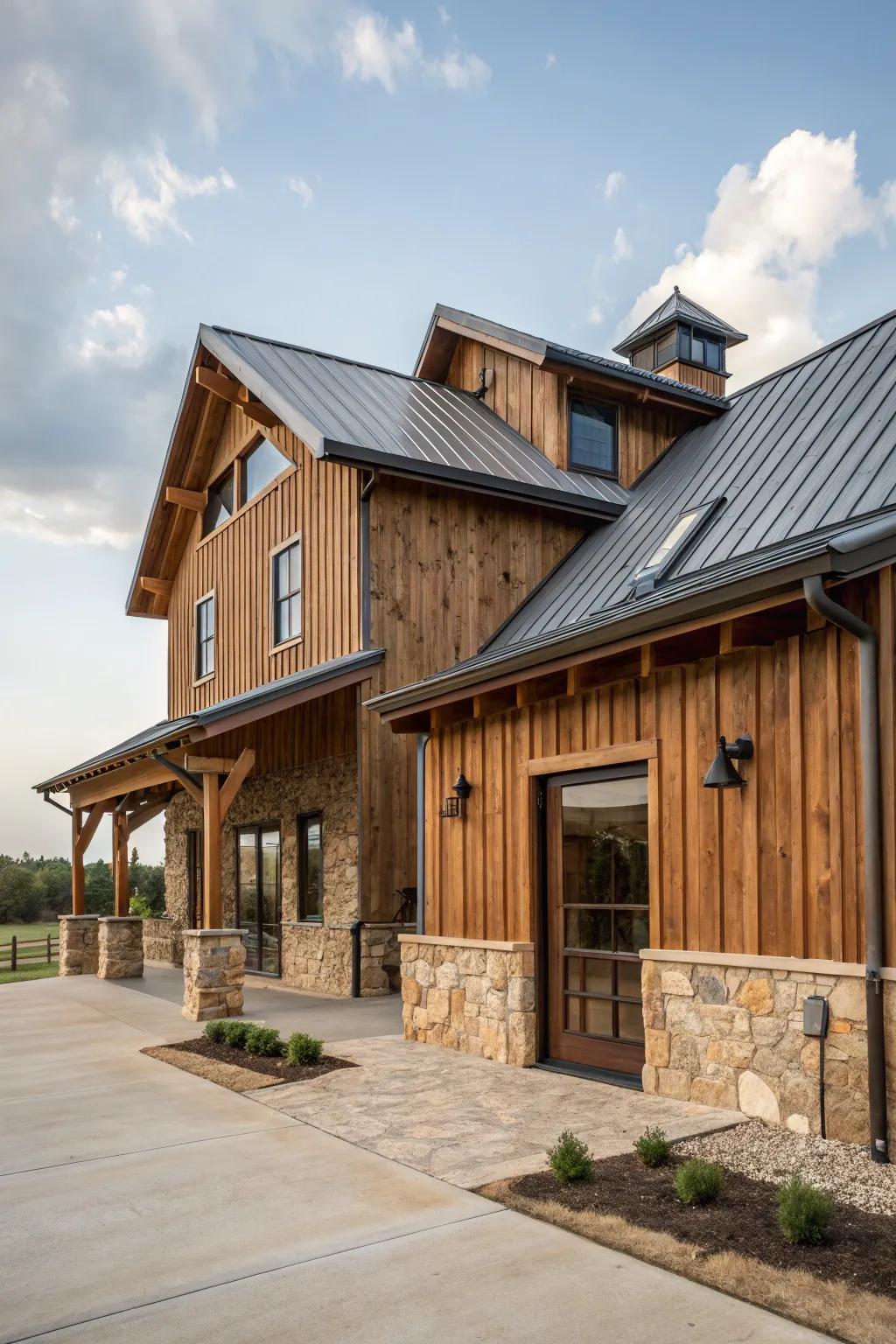 This barndominium's exterior is enhanced by an appealing combination of materials.