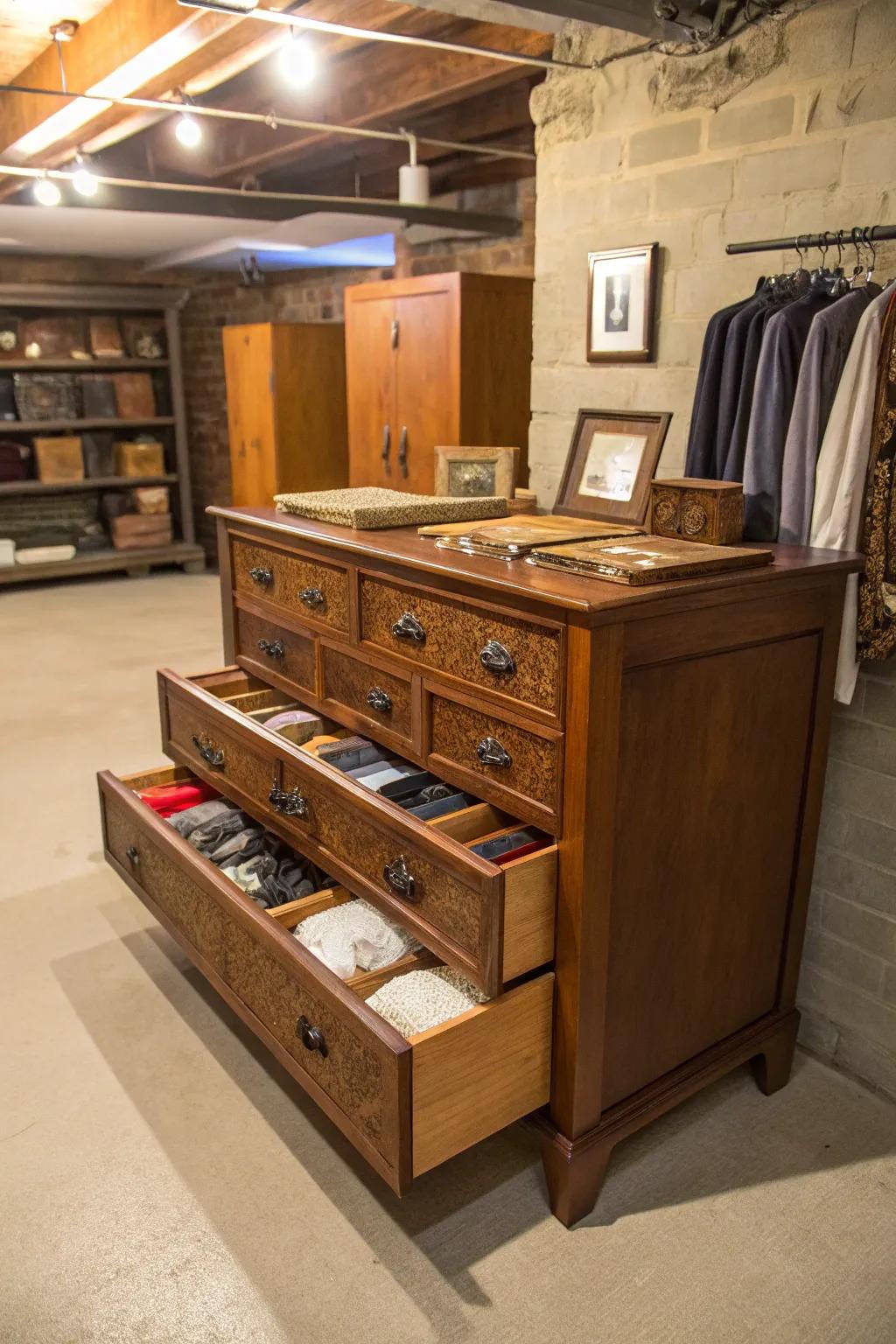 Repurposed furniture brings charm and storage to the basement.