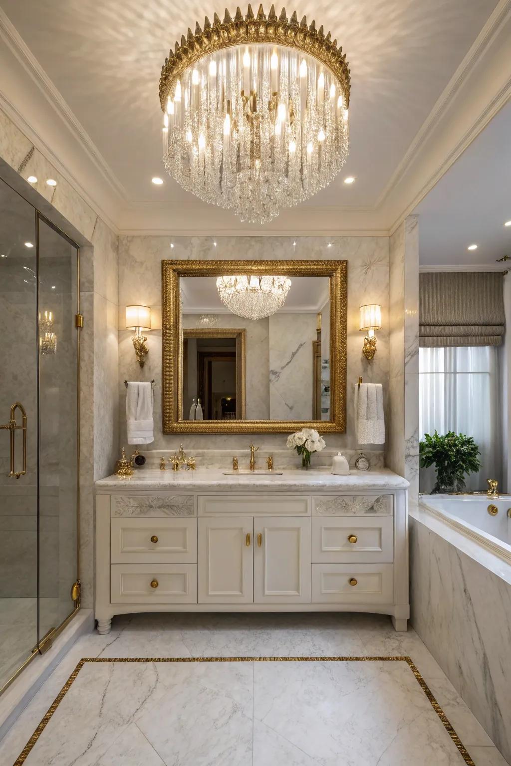 A chandelier imparts drama and elegance to bathroom illumination.