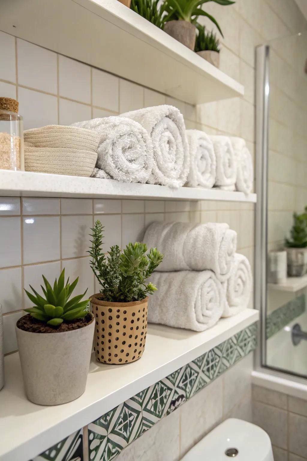 Mix functionality and style by placing rolled towels on shelves.