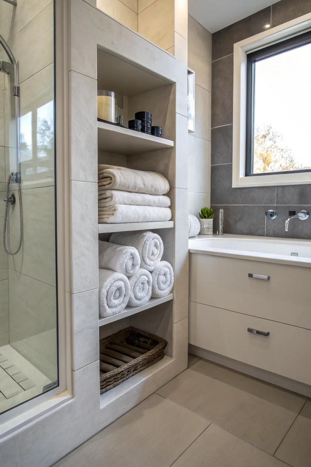 Built-in spaces add sophistication and practicality to towel keeping.