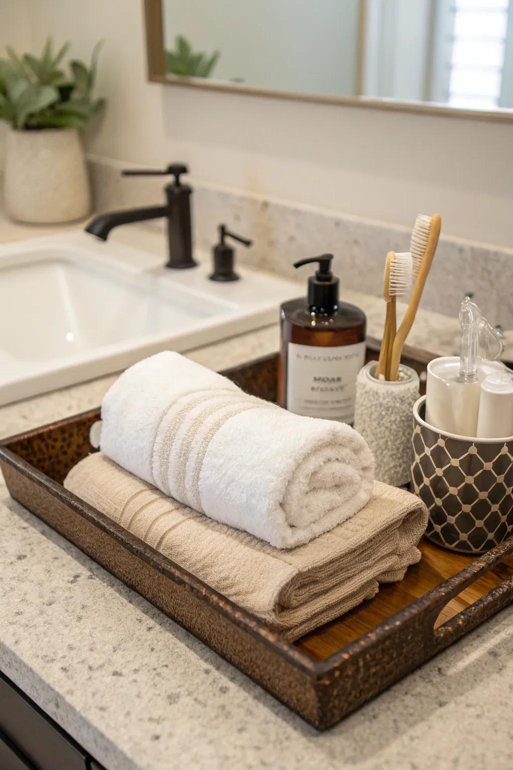 Towels add both use and texture to the stand.