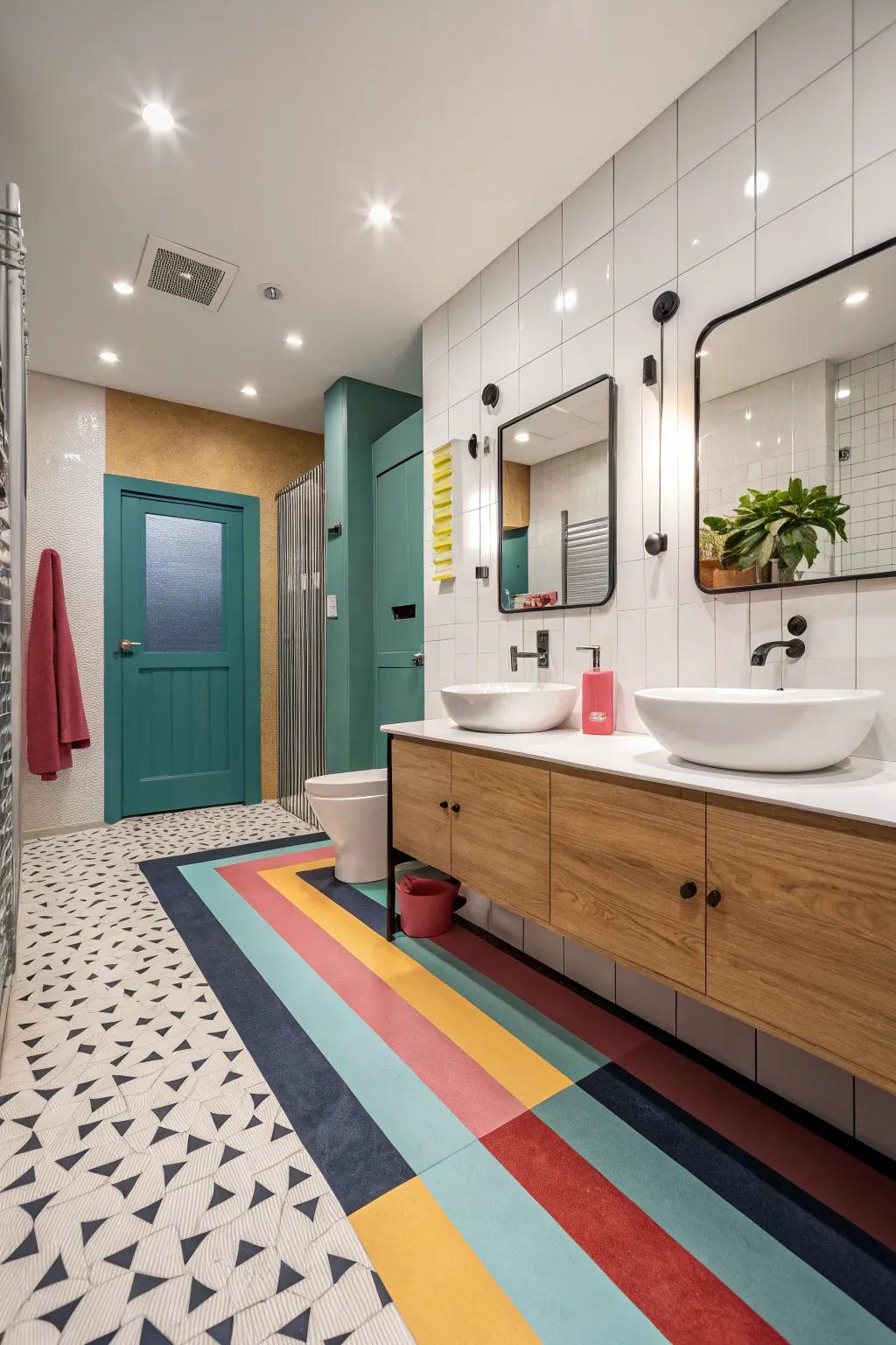 Colorful floor covering brings contrast and vibrancy to this bathroom.