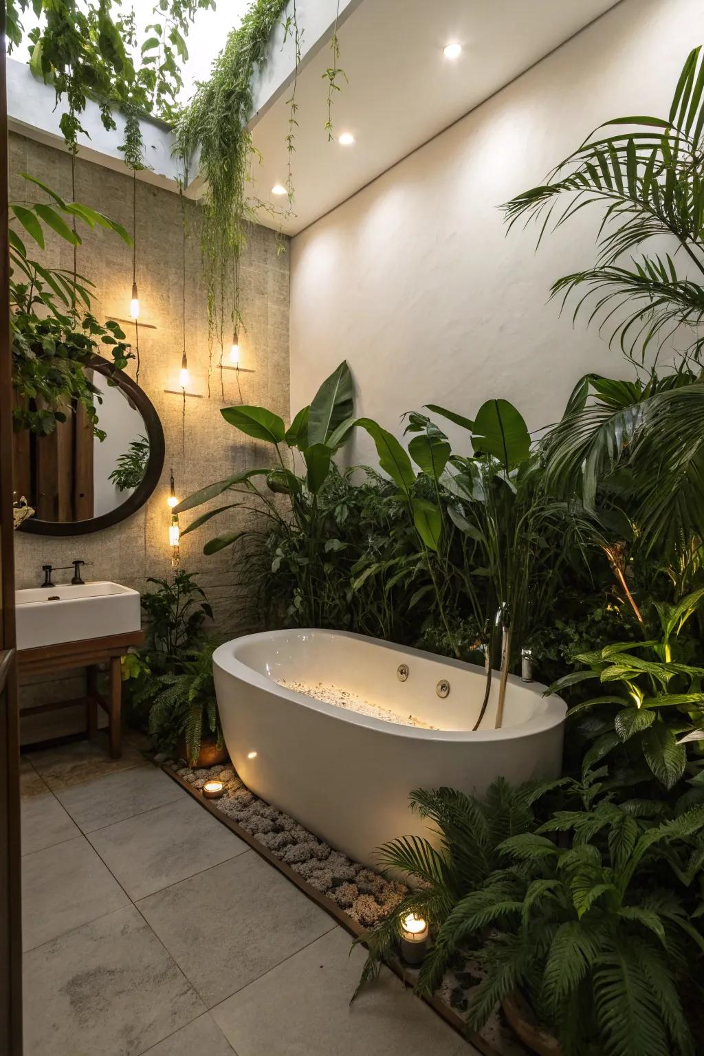 A spa-inspired ambiance featuring plants and gentle lighting encircling the bathtub.