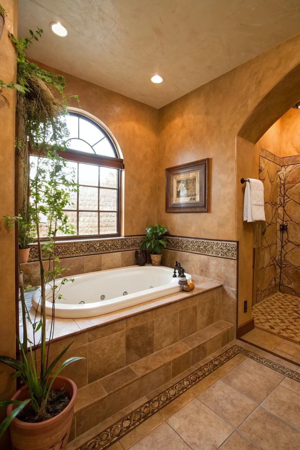 Earthy nuances foster a calming and peaceful bathtub atmosphere.