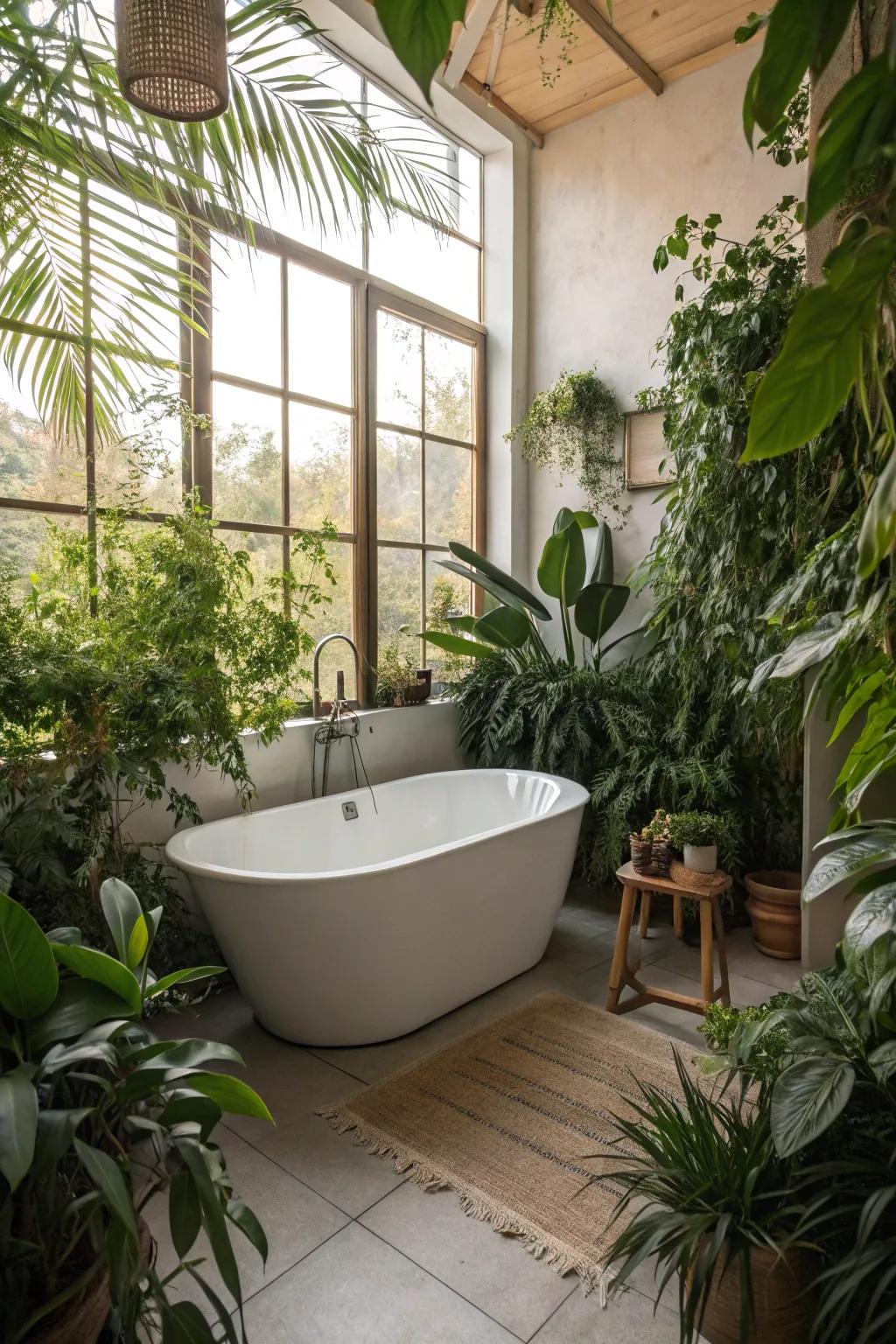 Botanical accents near the tub, adding a revitalizing touch.