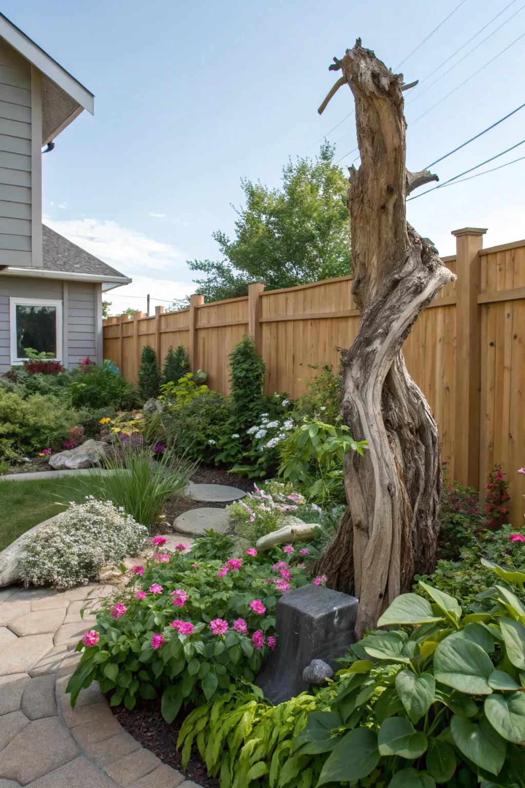 Driftwood adds a rustic touch to any beach-themed landscape.